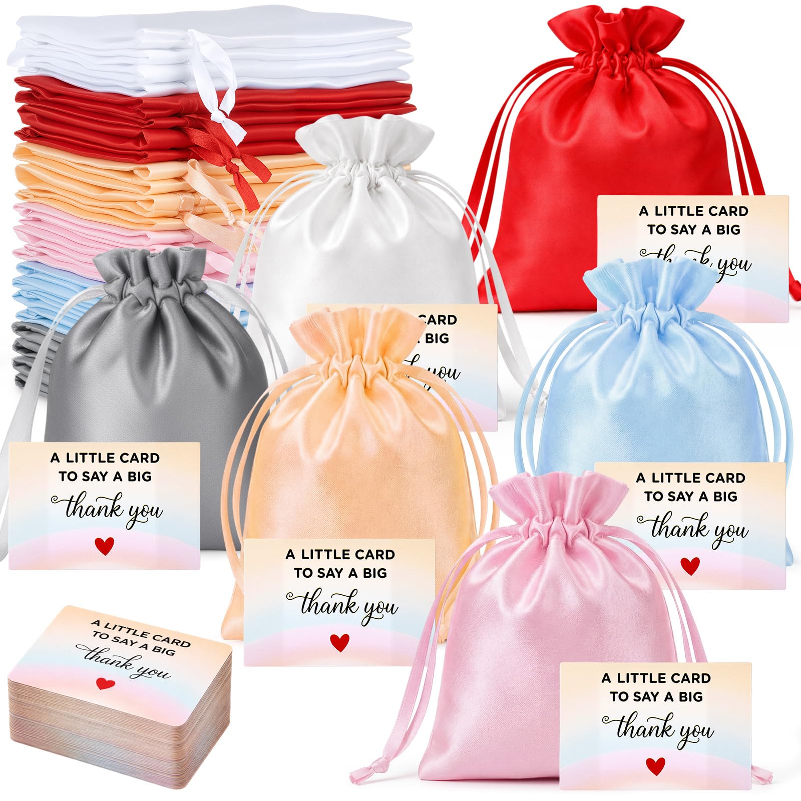 Yoojahow 24 Sets Small Thank You Satin Gift Bags with Card 4x4.7 Inch Drawstring Jewelry Bags Mini Silk Jewelry Gift Pouch Candy Bracelet Pouch for Wedding Bridal Baby Shower Party Multiple Colors