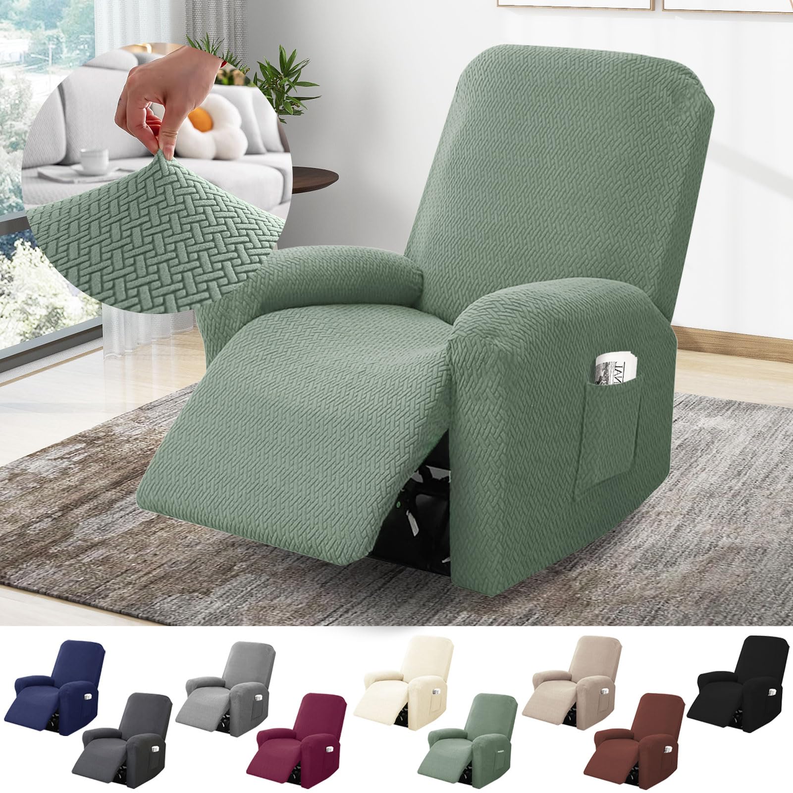 Funda Sillon Relax Reclinable 1 Plaza, Funda Sofa Relax con Bolsillos, Fundas Elástica de Jacquard a Rayas Diseño Todo Incluido para Sillón Reclinable (Verde Pino, 4-Piezas)
