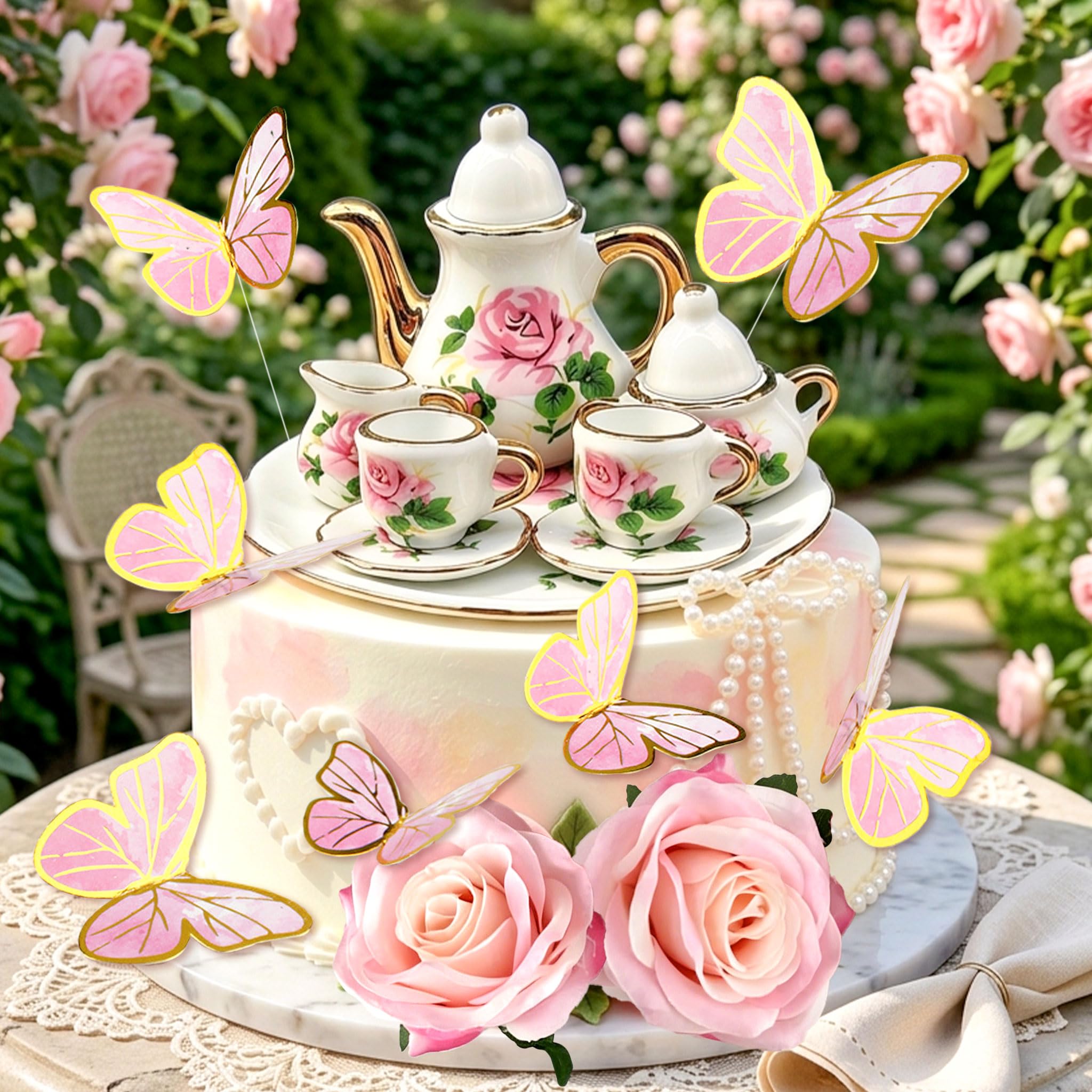 Tea Party Cake Toppers Flower Butterfly Teapot Teacup Floral Cake Decor