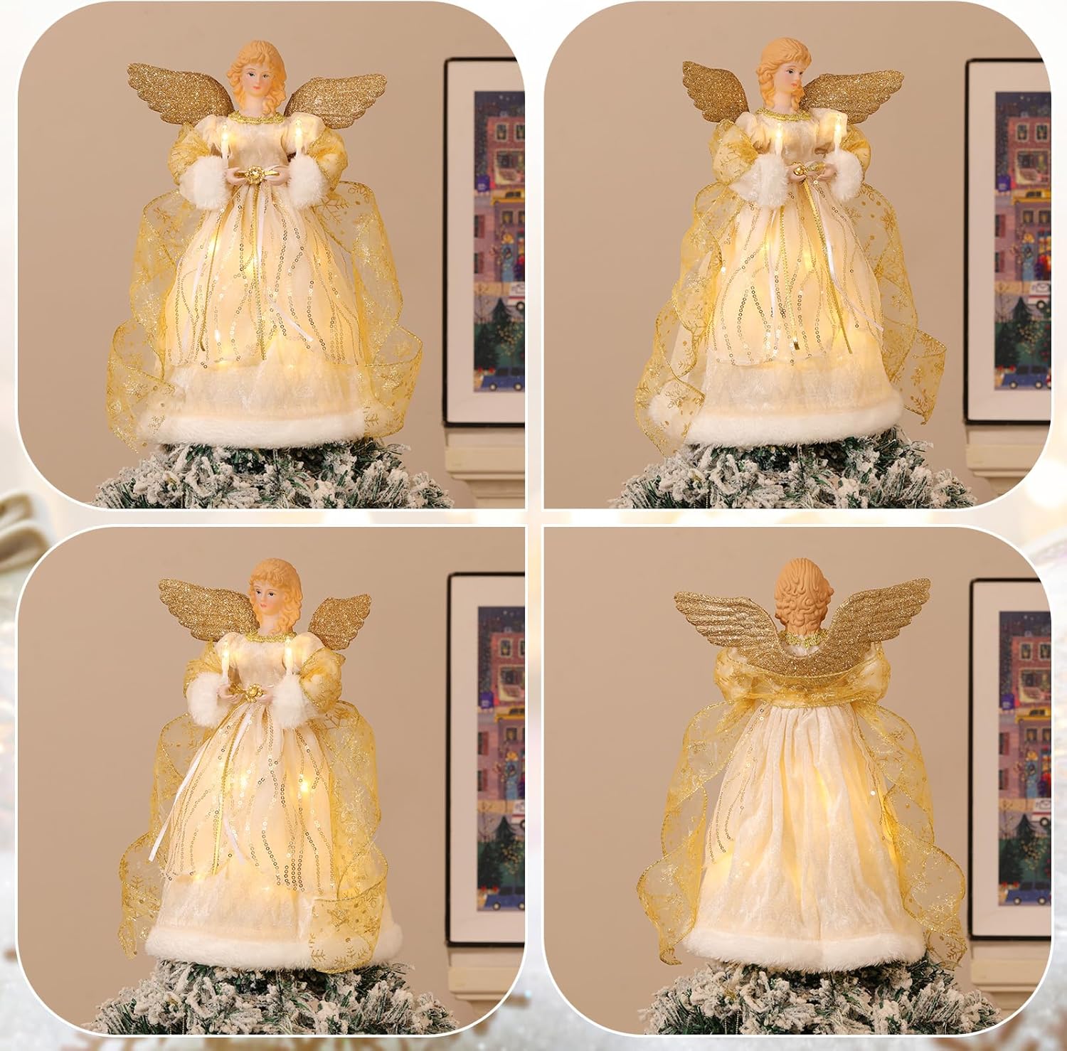 Lewondr Christmas Tree Topper Angel, 12'' Light Up Angel Tree Topper with Gold Wings and Candle Light, 8 Modes and 6 Hrs Timer USB and Remote Operated Christmas Decor for Holiday Home Decor, Apricot