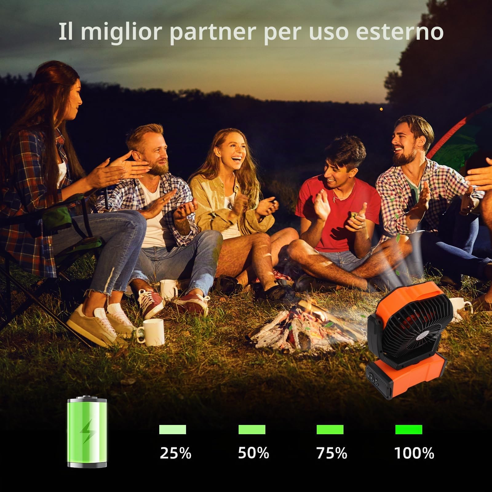 ELZO - Ventilatore da campeggio 30.000 mAh con luce LED, funzionamento max 70 h, senza fili, portatile, ricaricabile, ventilatore USB con gancio a distanza, rotazione della testa, velocità continua