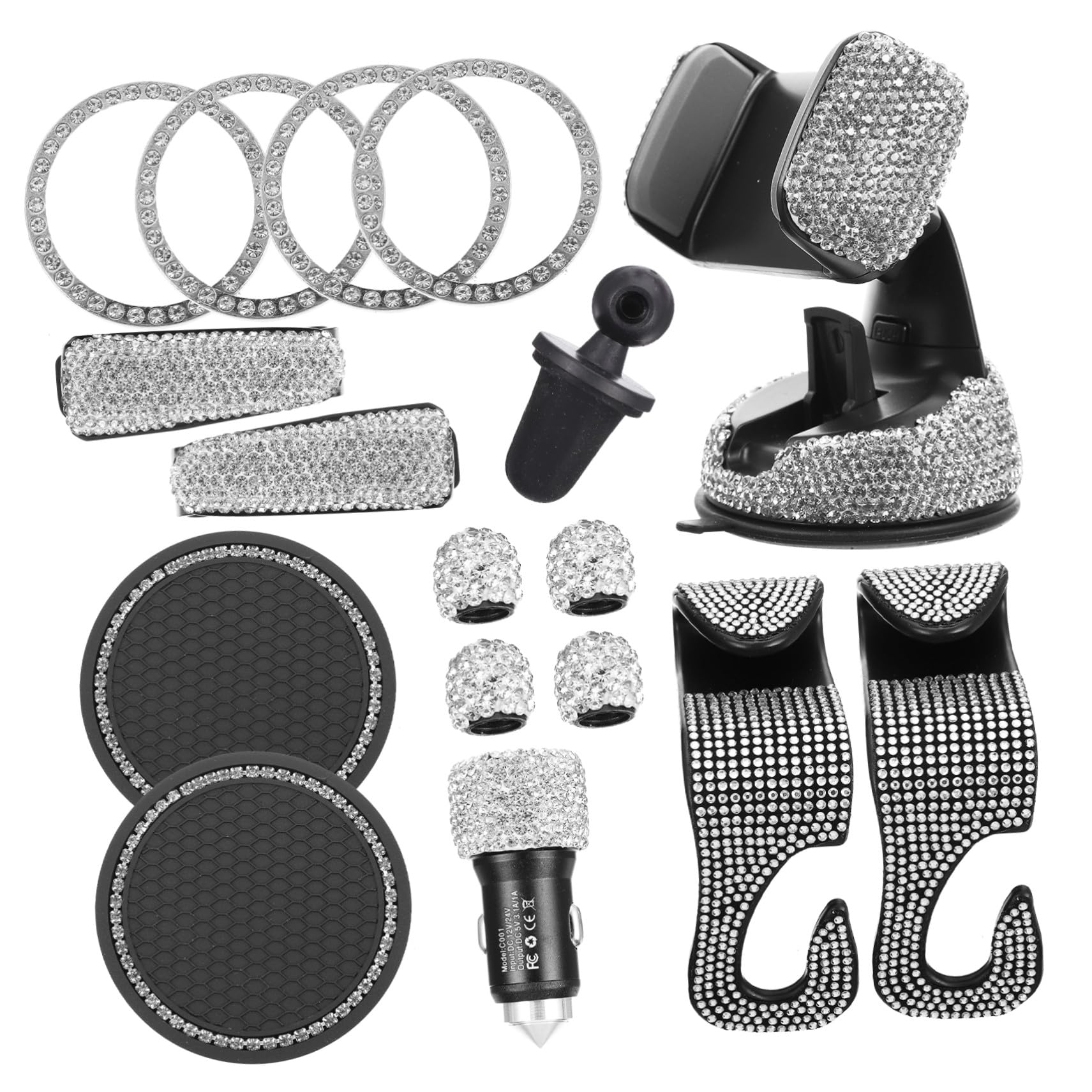 Hemobllo Accesorios Coche con Anillo Encendido y Soporte Móvil Brillante con Tapones Válvula y Gancho Coche Inoxidable Práctico y Elegante para Salpicadero Rejilla y Parabrisas