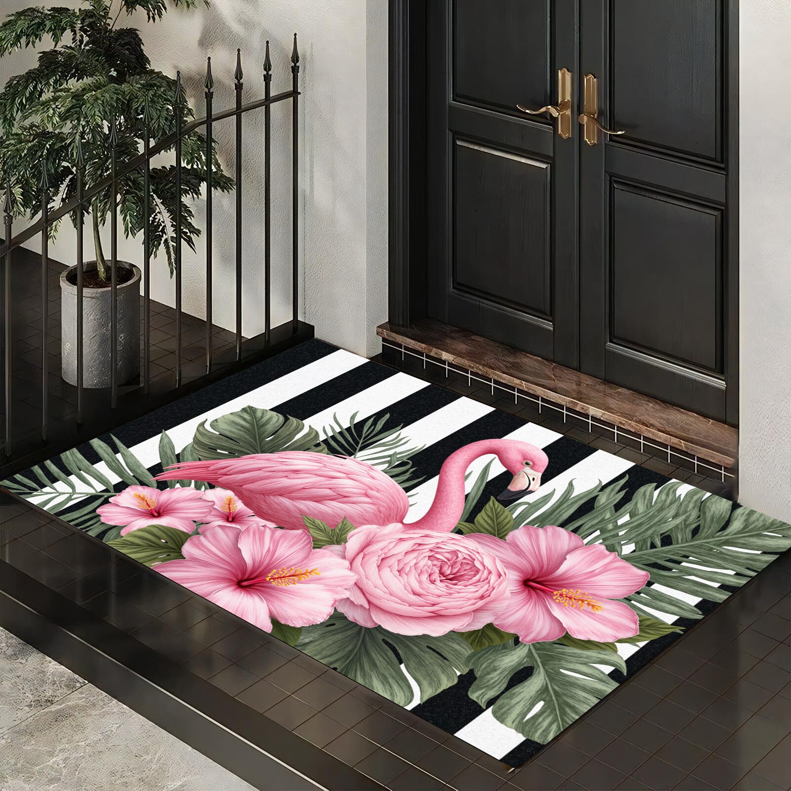Paillasson antidérapant lavable grand format motif flamants roses aquarelle