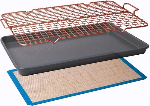 CasaWare 3pc Ultimate Commercial Weight 15 x 10 x 1-inch Cookie Sheet/Cooling Grid/Silicone Mat Bakeware Set Silver Granite