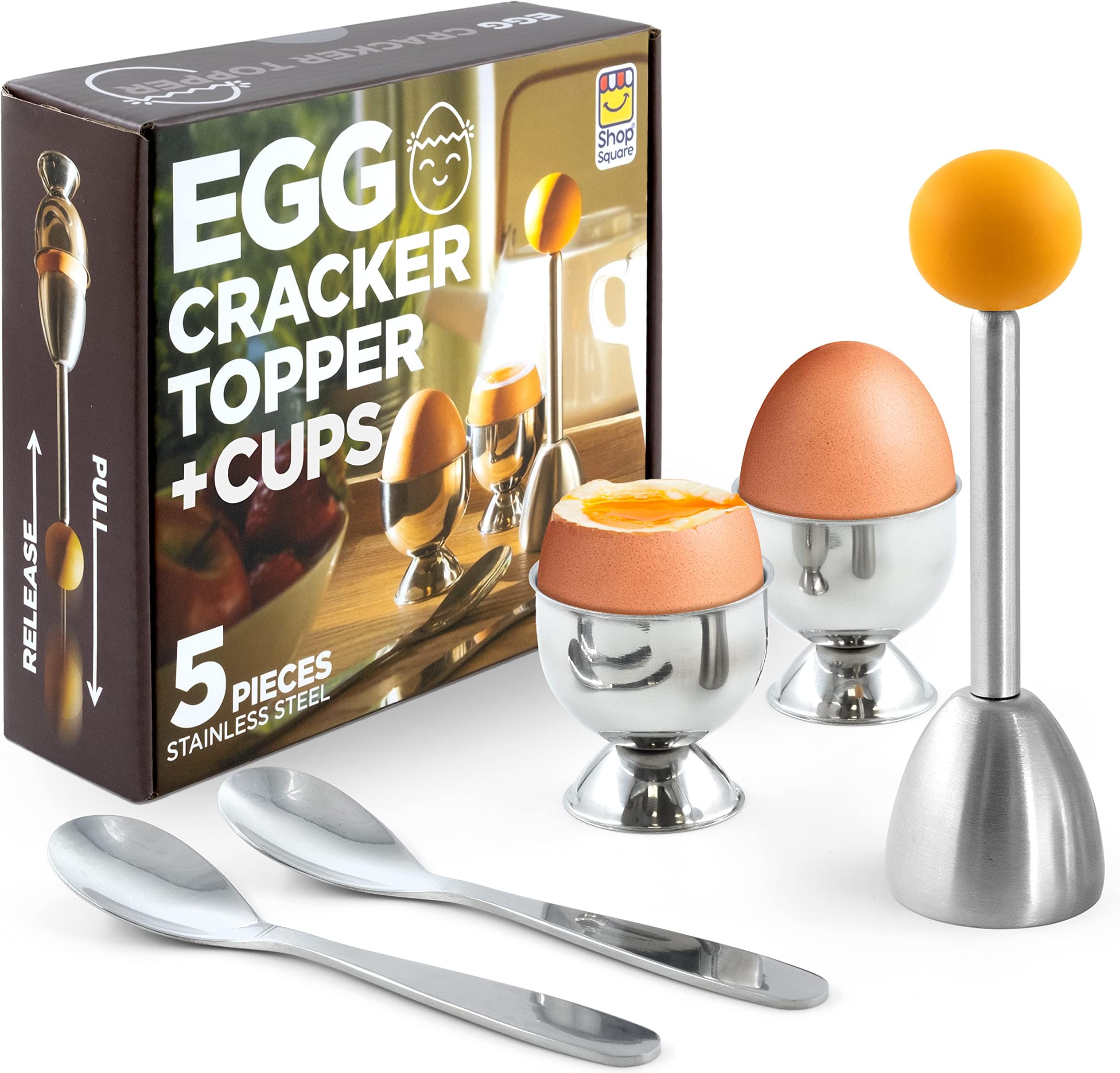 Egg Cups For Soft Boiled Eggs, Soft Boiled Egg Holder, Egg Topper - Includes 2 Egg Cups, 2 Metal Spoons & 1 Soft Boiled Egg Cutter or Opener