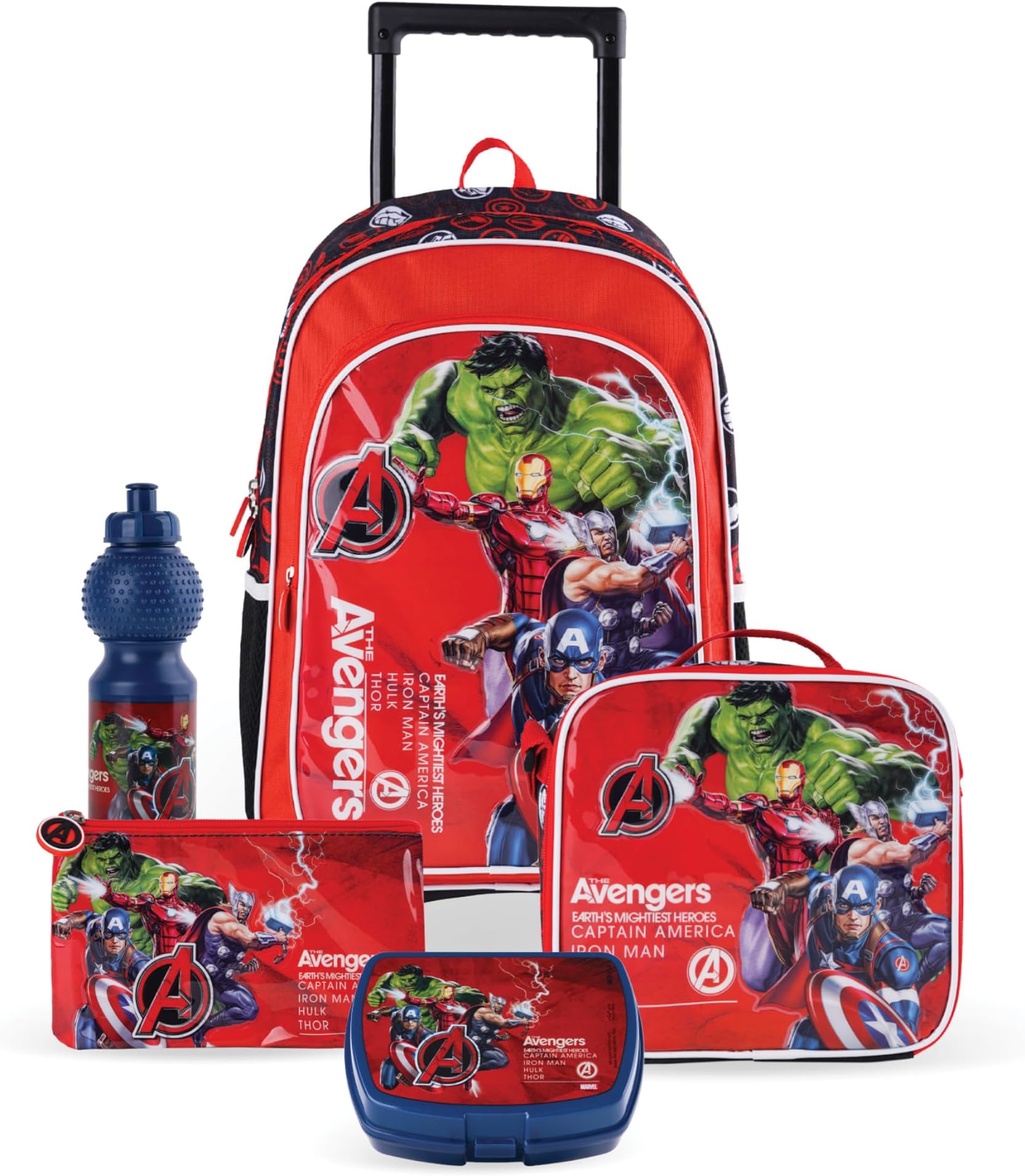 TRUCARETRUCARE Marvel Avengers Assemble 5in1 Trolley School Bag Set | Kids Backpack Gift | Water Resistant,Box set 18"