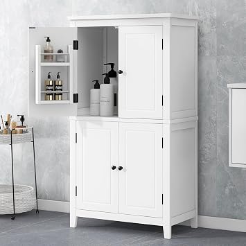 Tall Storage Cabinet, Bathroom Floor Freestanding Storage Cabinet with 2 Double-Door and Adjustable Shelves for Bathroom, Office, Living Room, White