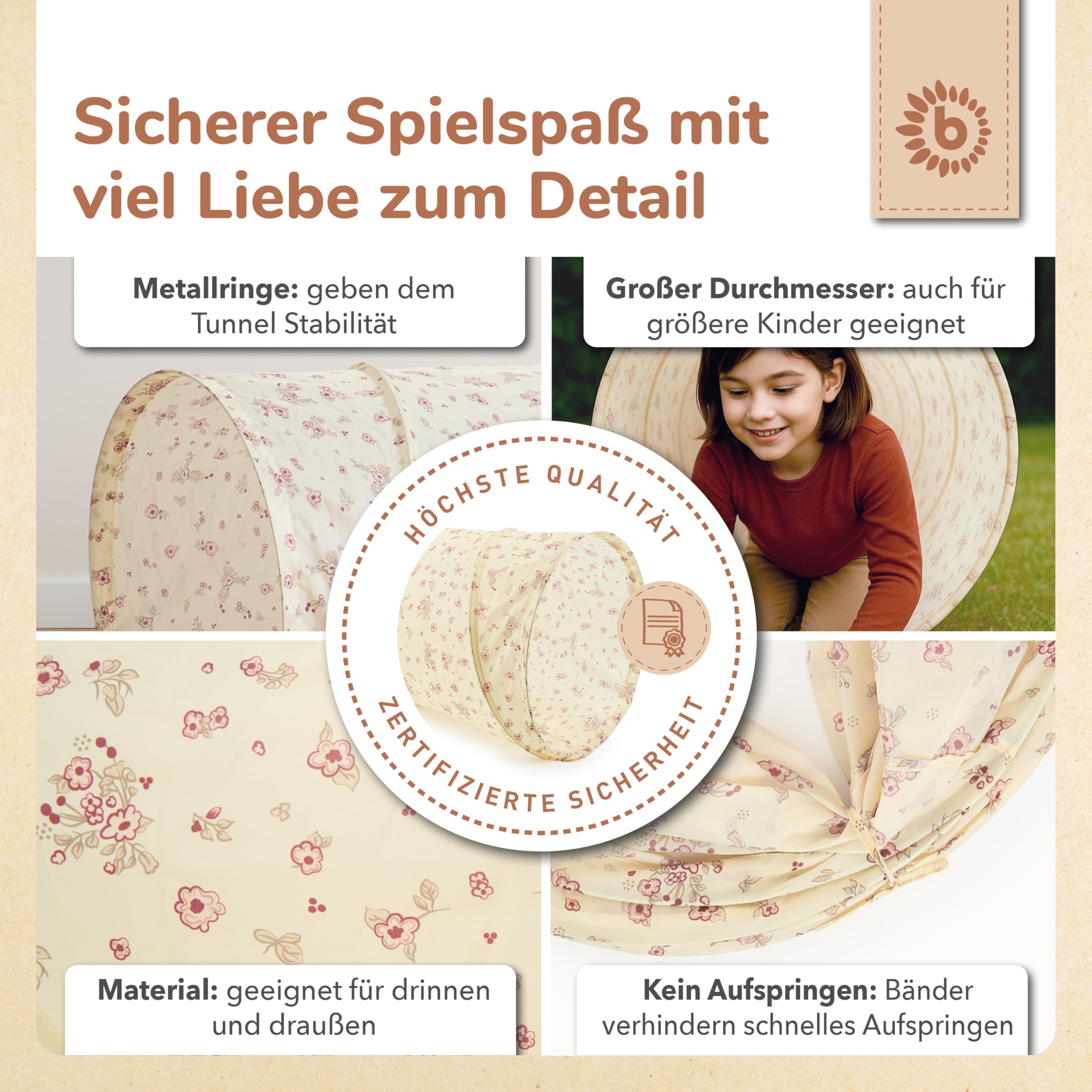 Bieco Pop Up Spieltunnel Vintage Flowers Krabbeltunnel ab 1 Jahr | 180 x 46cm | Spieltunnel Kind und Baby | Farbenfroh | Tunnel Kinder | Spielzelt | Hundetunnel | Hunde Spieltunnel Krabbeltunnel Baby