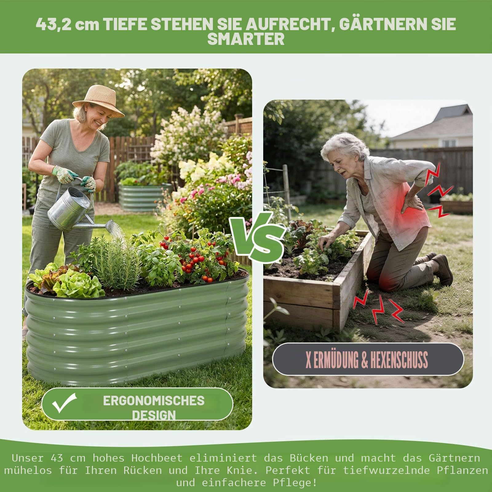 INNO STAGE Verzinktes Hochbeet-Set, 1,2 x 0,6 x 0,4 m Metall-Hochbeete für den Außenbereich zum Gärtnern, 43 cm hoch, großes Stahl-Hochbeet für Gemüse und Blumen, Terrasse, Boden, Pflanzkasten – Grün