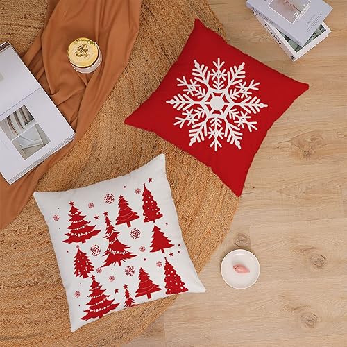 Miniatura 9 de YeeJu Juego de 4 fundas de almohada decorativas con diseño de Feliz Navidad, Navidad, vacaciones, terciopelo, fundas de almohada de copos de nieve,