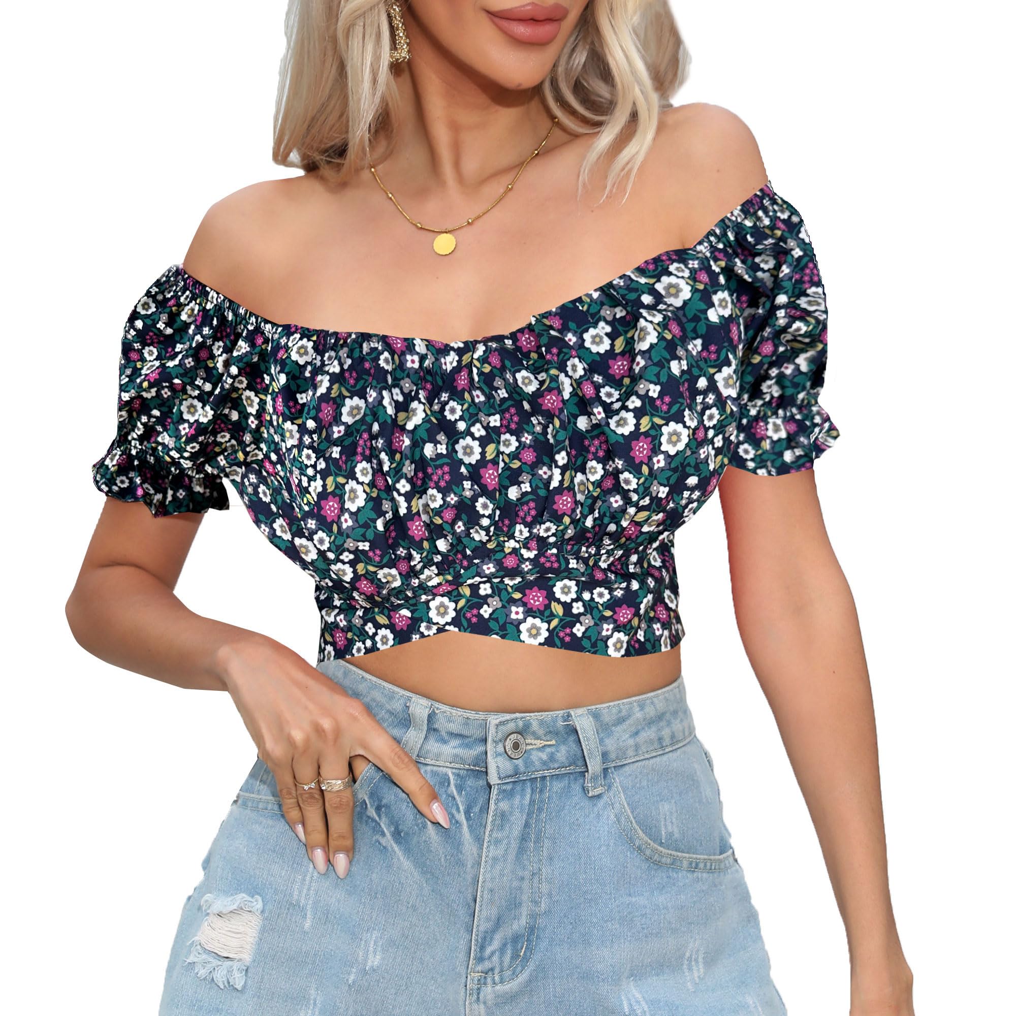 COOUFE Women's Crop Tops Ruffle Short Sleeve Tie Back Summer Off Shoulder Top Blouse