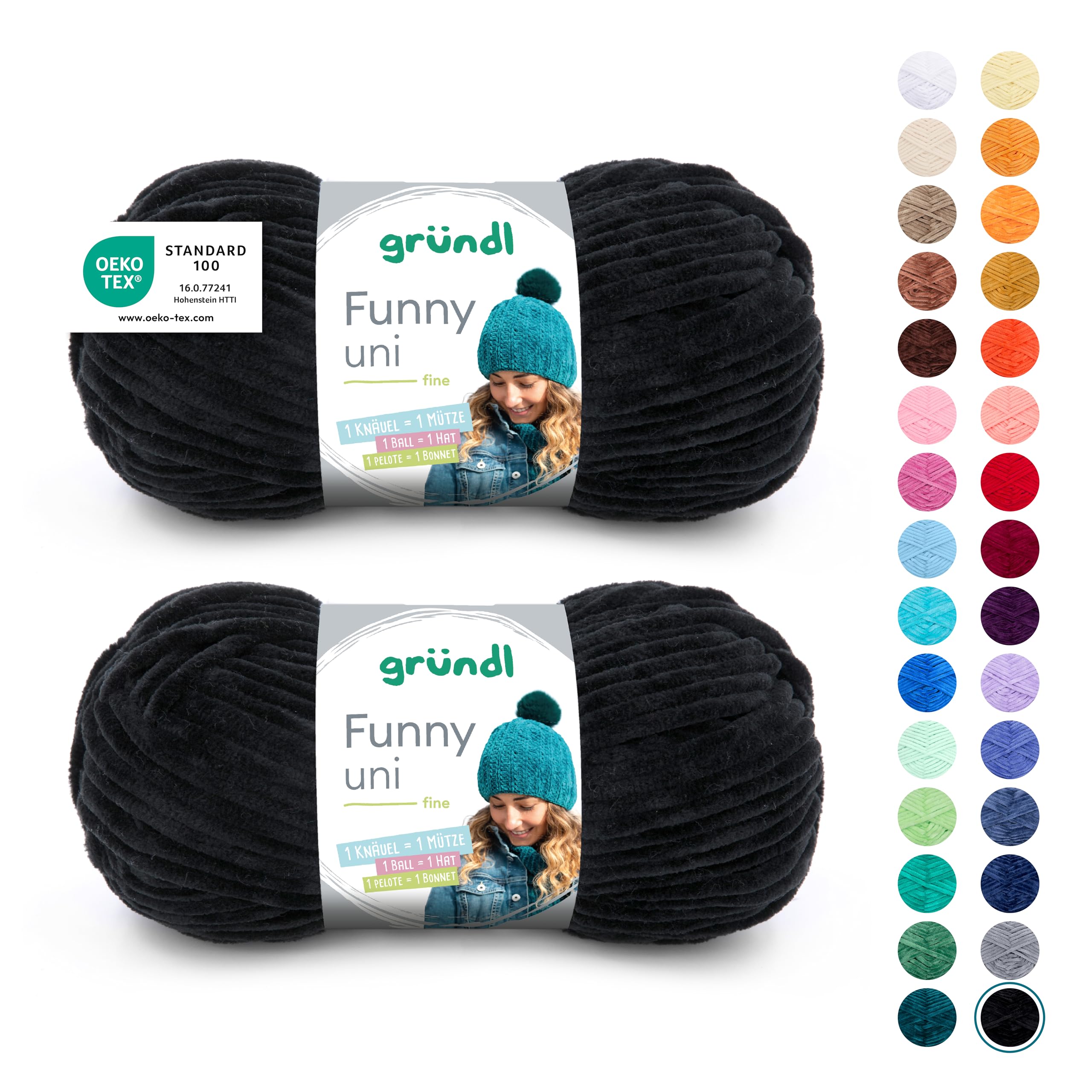 Gründl Laine Funny uni - laine chenille douce pour le crochet – moelleuse et respectueuse de la peau - 100% polyester – 2 pelotes 100 g / 120 m – taille d’aiguille 5-6 -Noir