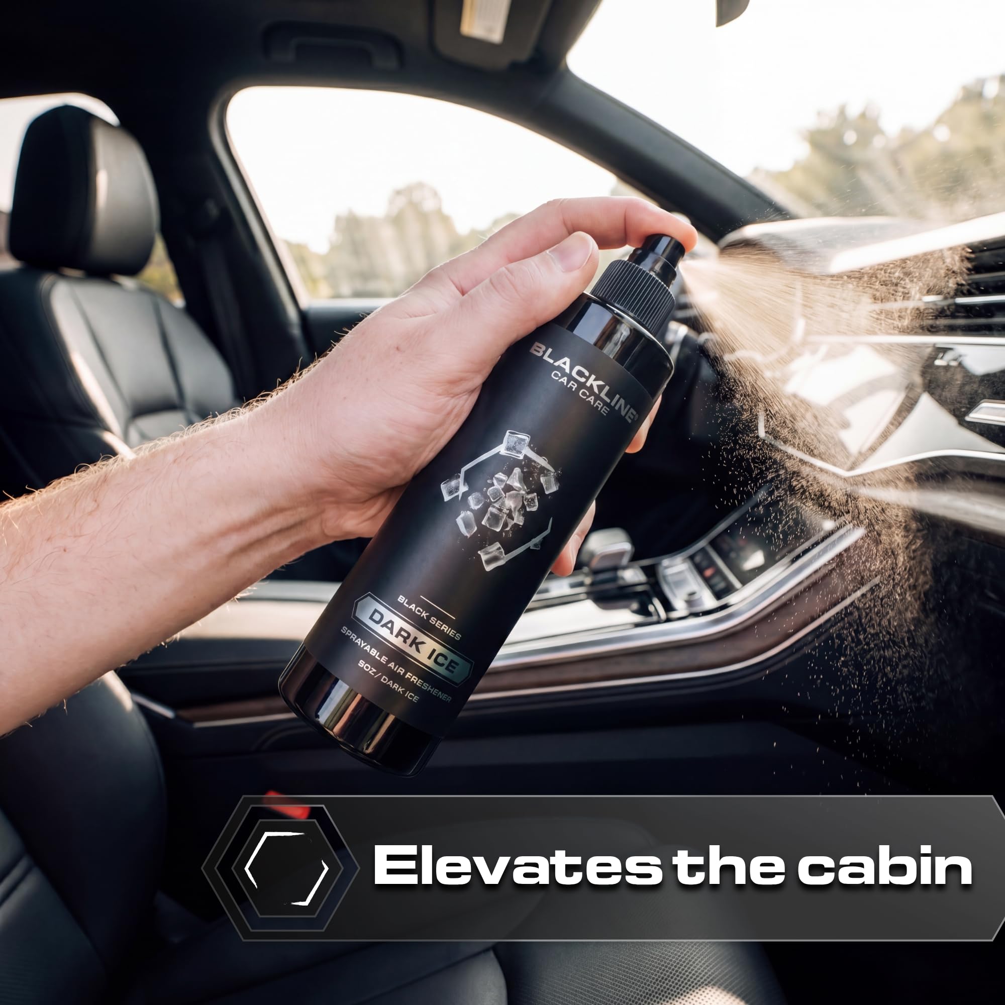 Blackline Car Care - Ambientador de coche Dark Ice, de larga duración, eliminador de olores, para automóviles, camiones, SUV o uso doméstico, 8 onzas líquidas, ambientador de hielo negro, spray de