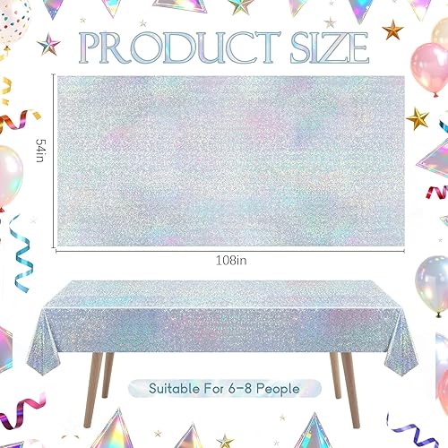 Miniatura 2 de Paquete de 2 manteles iridiscentes plateados, manteles rectangulares de plástico desechables brillantes de 54 x 108 pulgadas, mantel holográfico de