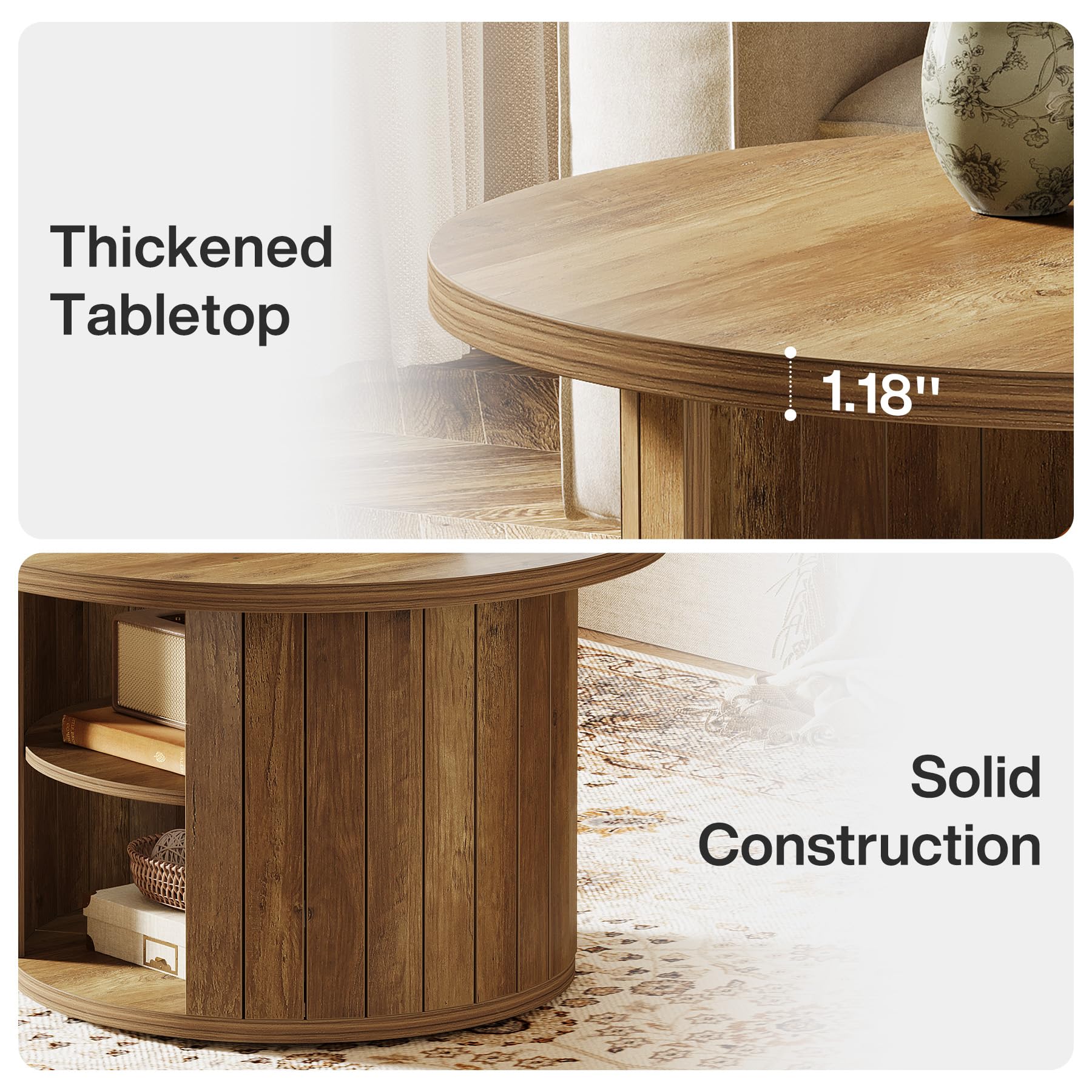 Tribesigns Couchtisch Rund, 80 cm Sofatisch Wohnzimmertisch mit Stauraum, Industrie-Design, Kleiner Tisch Beistelltisch Holz fürs Wohnzimmer, Home Office, Landhausbraun