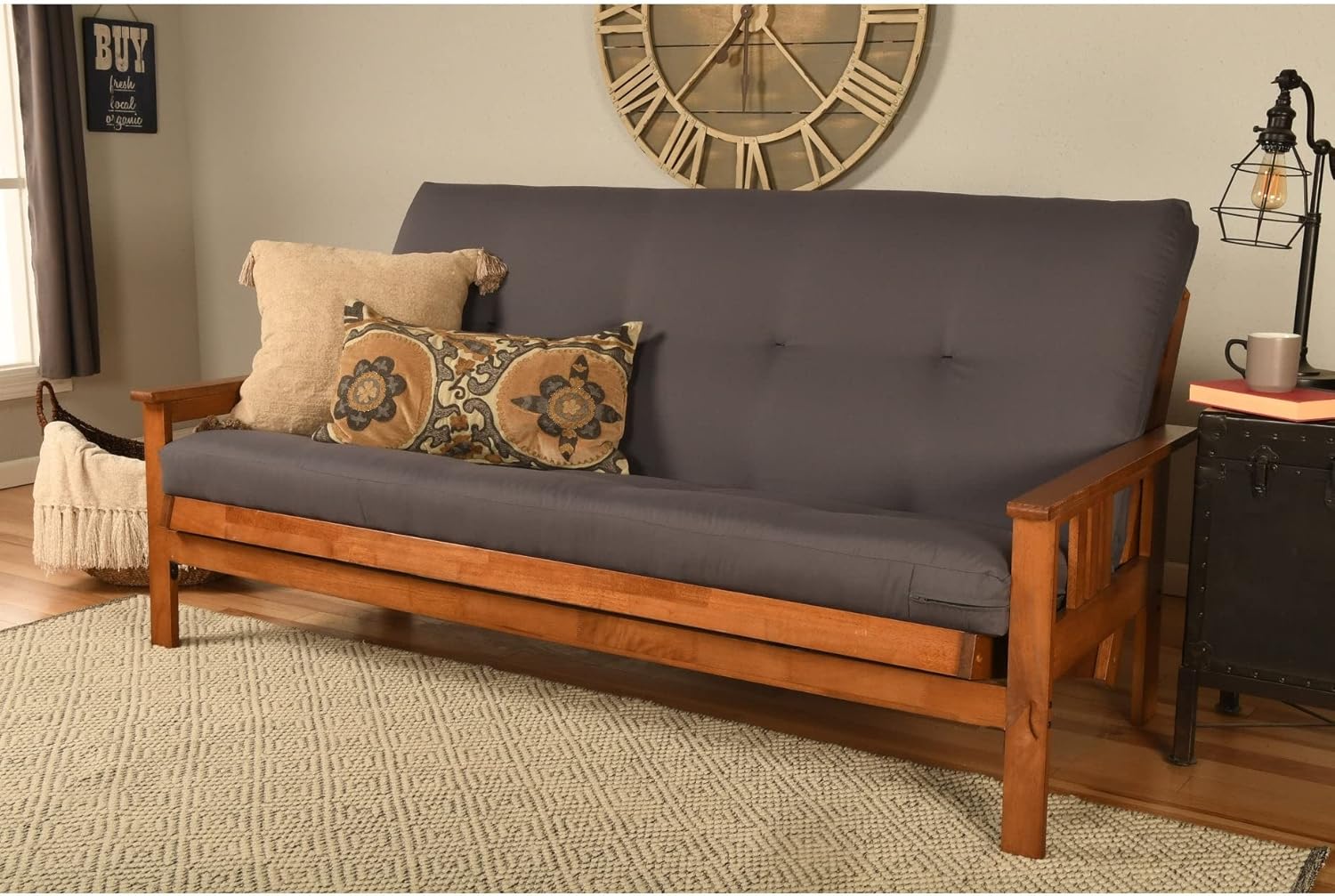 Futon in Finish with Twill Gray Mattress Grey Rustic Traditional Solid Polyester Wood Multi-Position Tufted