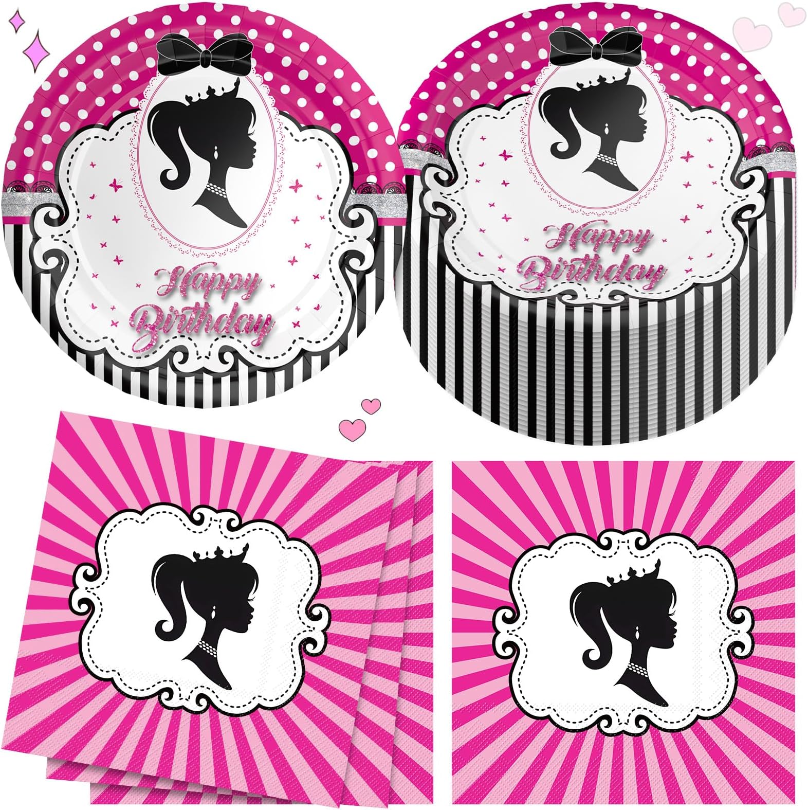 FZR Legend Pink Girl Party Plates Napkins Hot Pink Party Tableware Babi Princess Themed Disposable 7’’ Paper Cake Plates 6.5’’ Paper Napkins Happy Birthday Party Supplies Decorations for 25 Guests