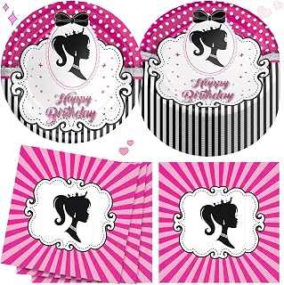 FZR Legend Pink Girl Party Plates Napkins Hot Pink Party Tableware Babi Princess Themed 7’’ Paper Cake Plates 6.5’’ Paper Napkins Birthday Party Supplies Decorations for 25 Guests