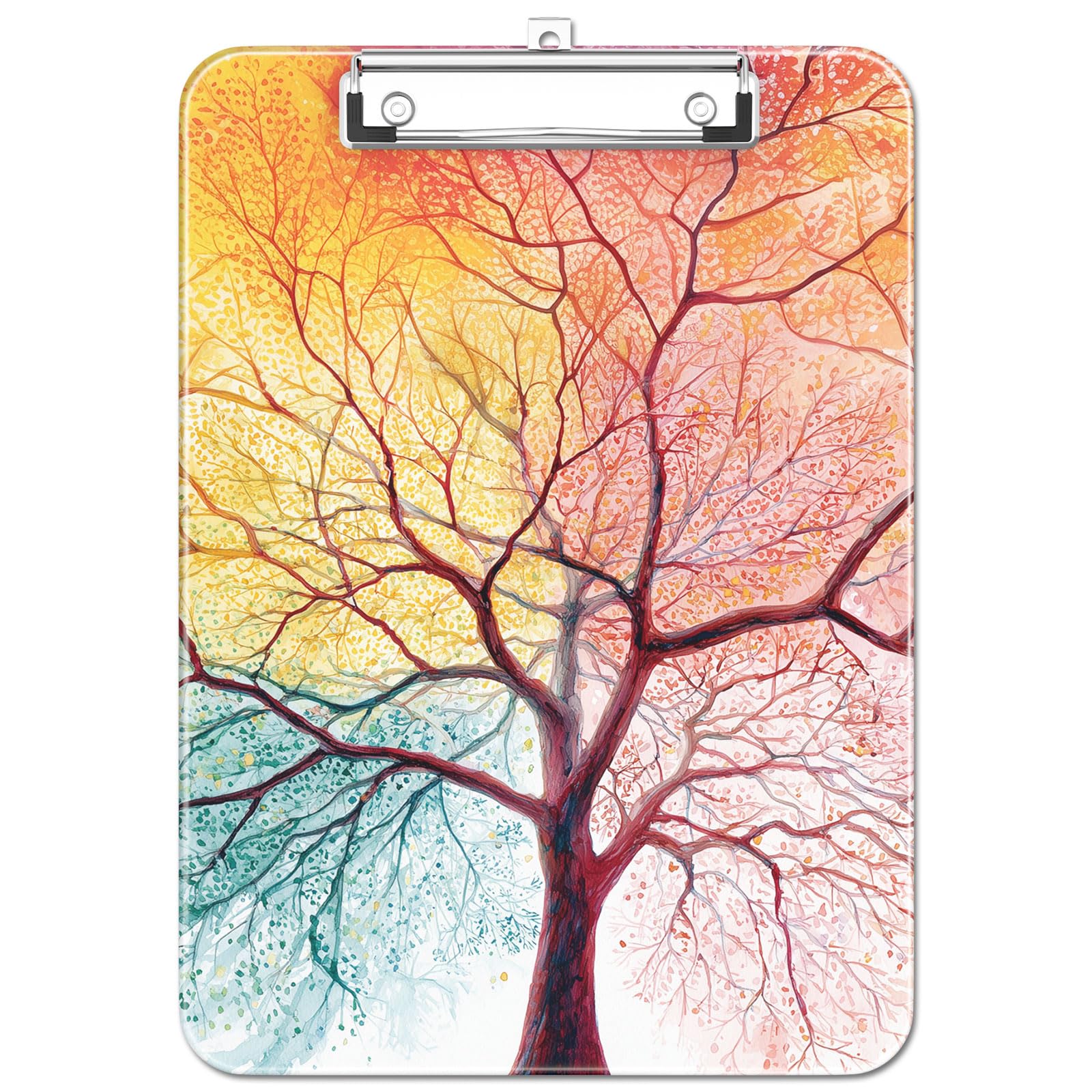Luminzo Plastic Cute Clipboard, Low-Profile Metal Clip, A4 Letter Size 9 x 12.5 in, 8.5 x 11 Paper Clip Board for Teachers, Nurses, Classroom, Sunset Tree
