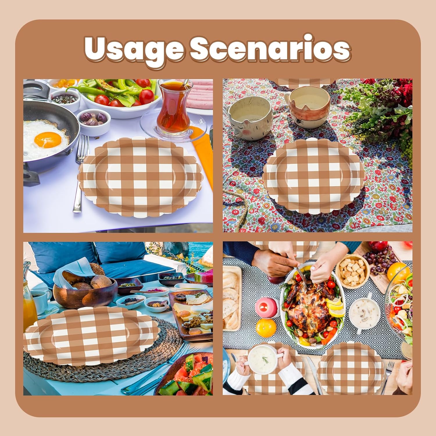 50PCS Brown Scalloped Paper Plates - 7Inch Striped Dessert Plates for Cake Salad Fruit Disposable Decorative Dinner Dessert Serving Plates for Autumn Birthday Party Supplies - Image 5