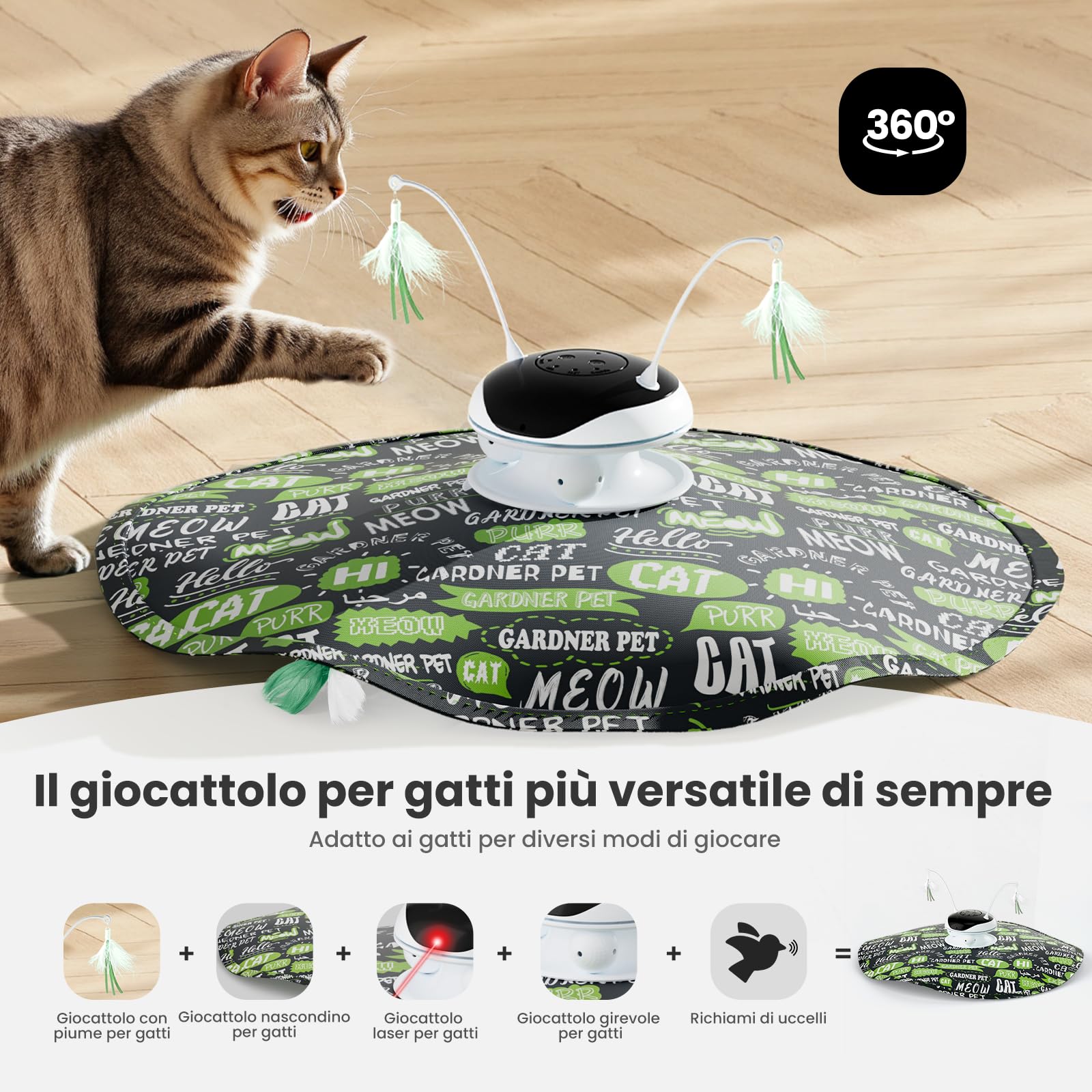 Gardner Pet Giocattolo per Gatti, 5 in 1 Elettrico Interattivo Automatico per Gatti, Gioco con Nascondino, Giocattolo con Piume, Laser, Palline e Suoni di Uccelli, Ricarica USB, Verde