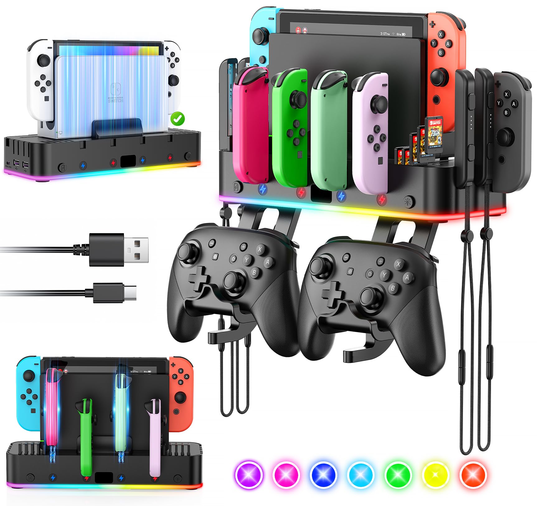 Klipdasse Soporte de pared RGB para cargador Joy-con, organizador de interruptores para Nintendo/OLED con soporte, base de carga para Joycon con 15 modos de luz, 4 cargadores, 2 puertos USB, 10