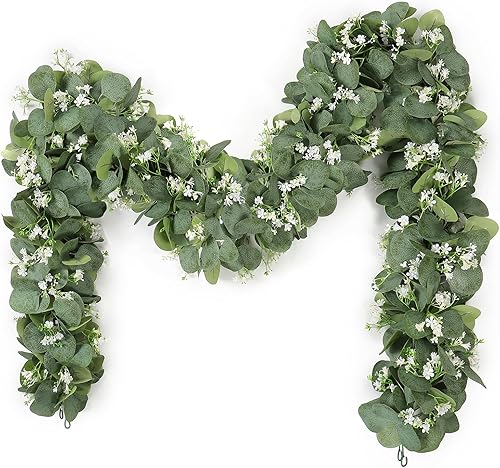 KHOYIME Guirnalda de eucalipto con flores blancas, 2 paquetes de hojas de eucalipto artificiales plateadas de 5.9 pies, vegetación falsa,