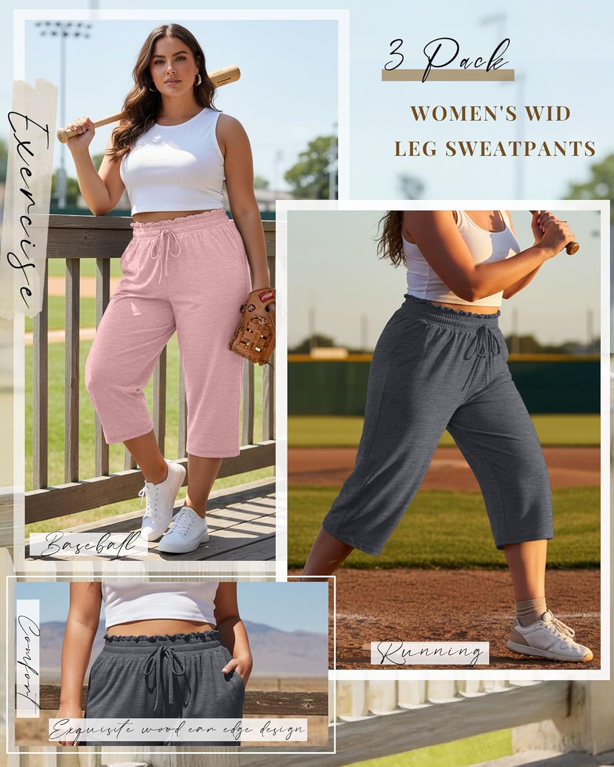 Neer 3 Pack Women's Plus Size Capris High Waisted Drawstring Wide Leg Cropped Sweatpants Lounge Yoga Pants with Pockets - Image 4