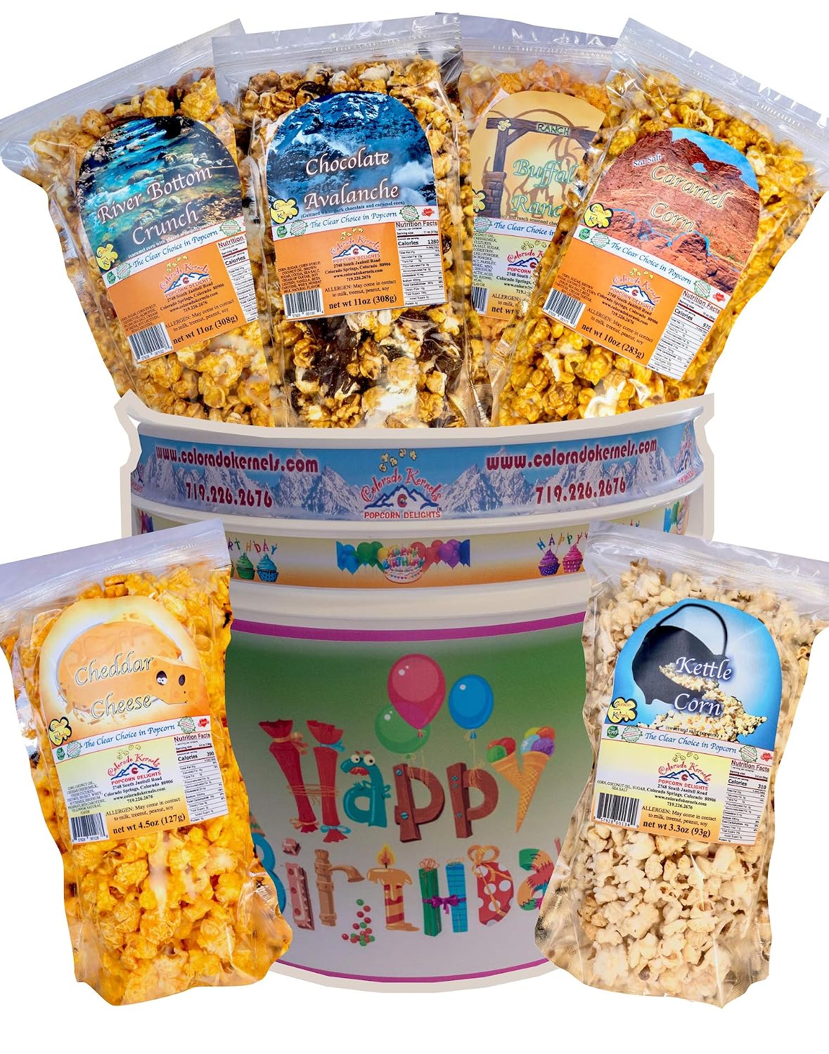 Popcorn by Colorado Kernels Popcorn Delights | 3.5 Gal HAPPY BIRTHDAY Bucket with 6 lg resealable bags | Kettle Corn, Cheddar Cheese, Caramel, Chocolate, Almonds/Pecans, Buffalo Ranch