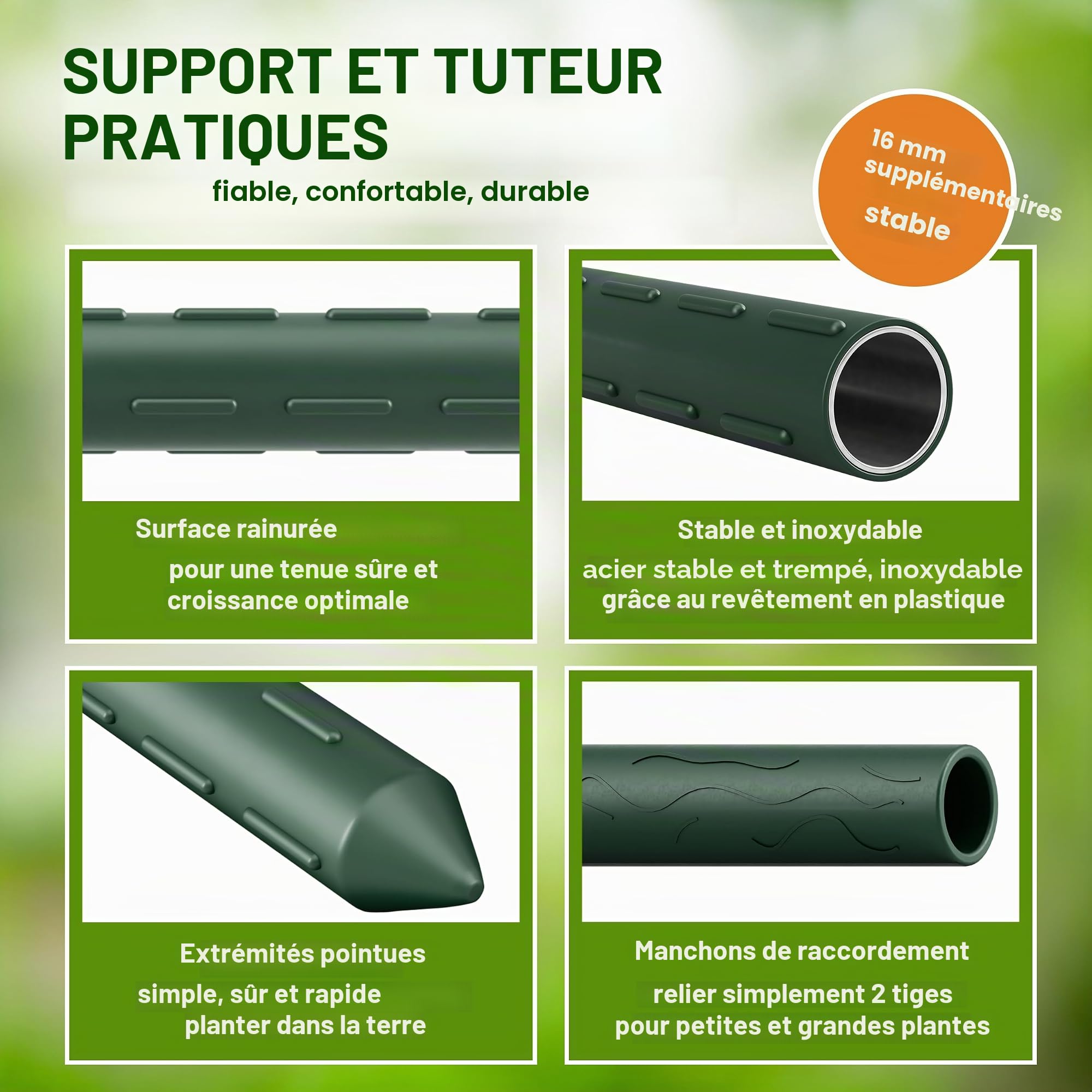 TTL GARDEN Lot de 10 tiges de treillis - 240 cm x 16 mm de diamètre - Vert