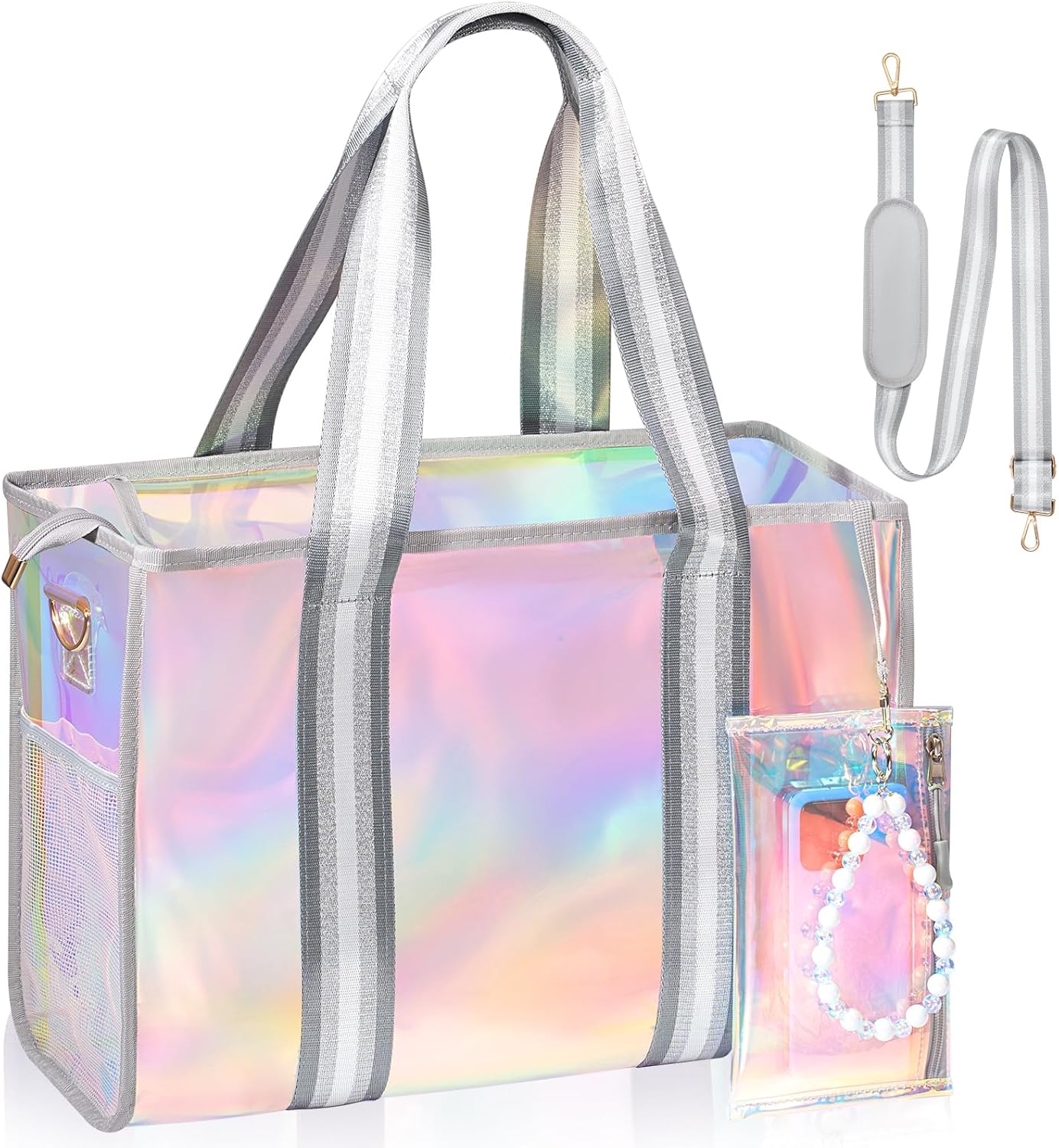 Beach Bag 26L Large Iridescent Waterproof Beach Tote Bag for Women with Zipper & Phone Pouch Sand/Tip-Proof Crossbody