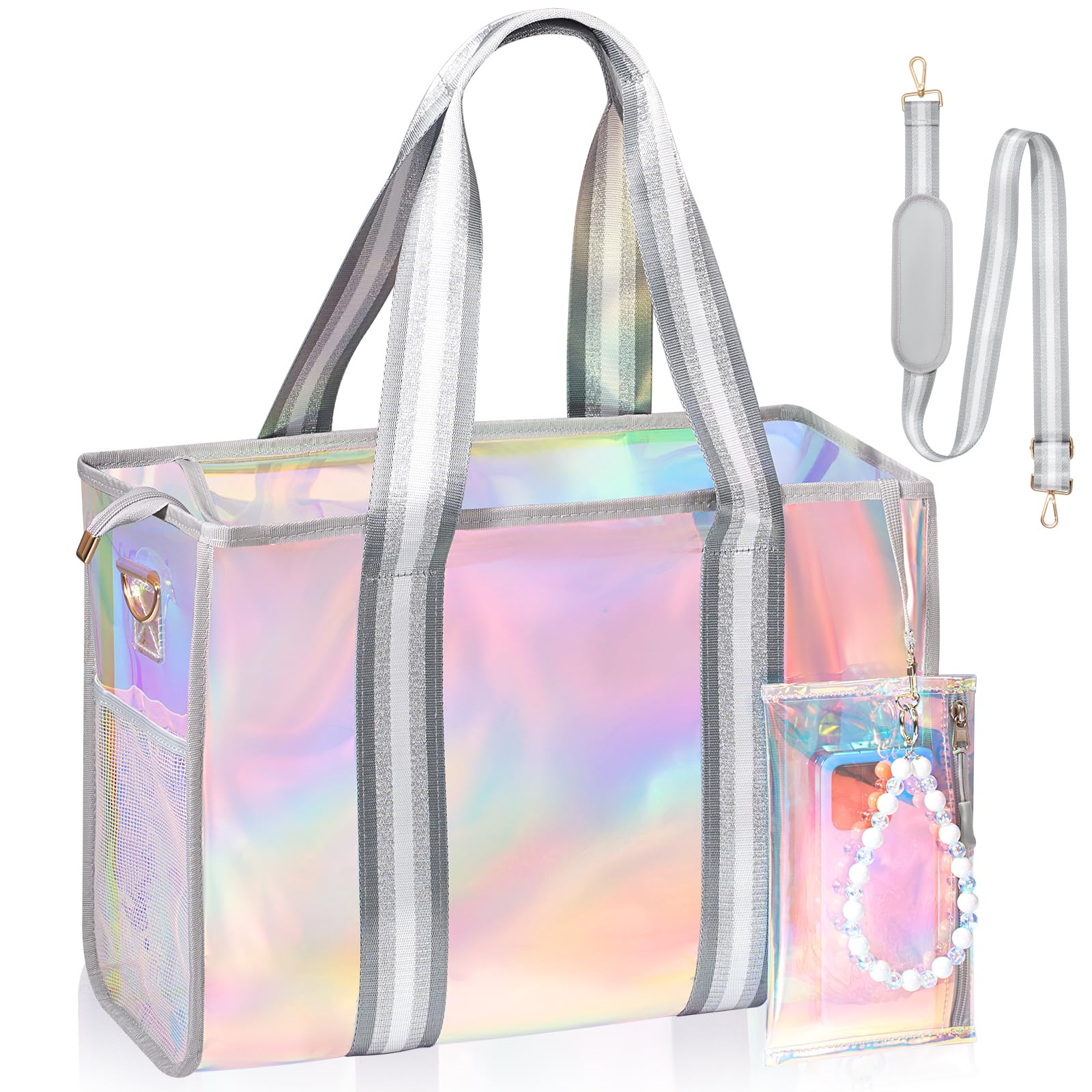 Beach Bag 26L Large Iridescent Waterproof Beach Tote Bag for Women with Zipper & Phone Pouch Sand/Tip-Proof Crossbody