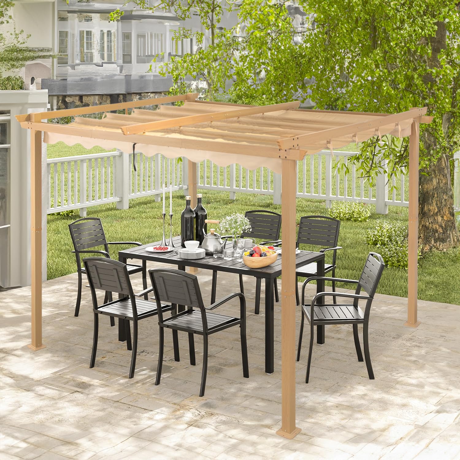 Angel Living 3 x 3 m Pergola en Aluminium, Coulissant rétractable, Tissu en Polyester de Haute densité, Hydrofuge et résistant aux Rayons UV, abri de Jardin pour Jardin, terrasse Beige