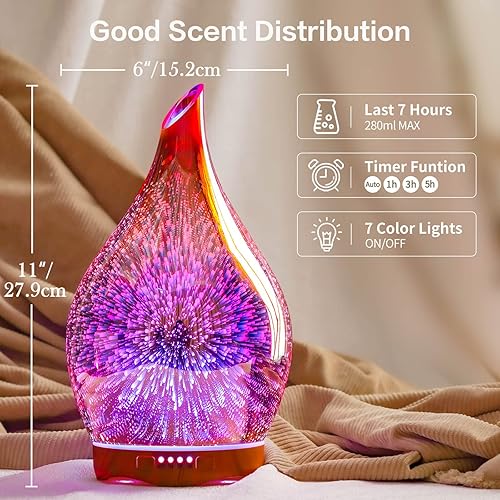 Miniatura 3 de Porseme Difusor de aceite esencial de 9.5 fl oz, difusor de aroma de vidrio soplado a mano 3D, difusor de aromaterapia unltrasonic de niebla fría,