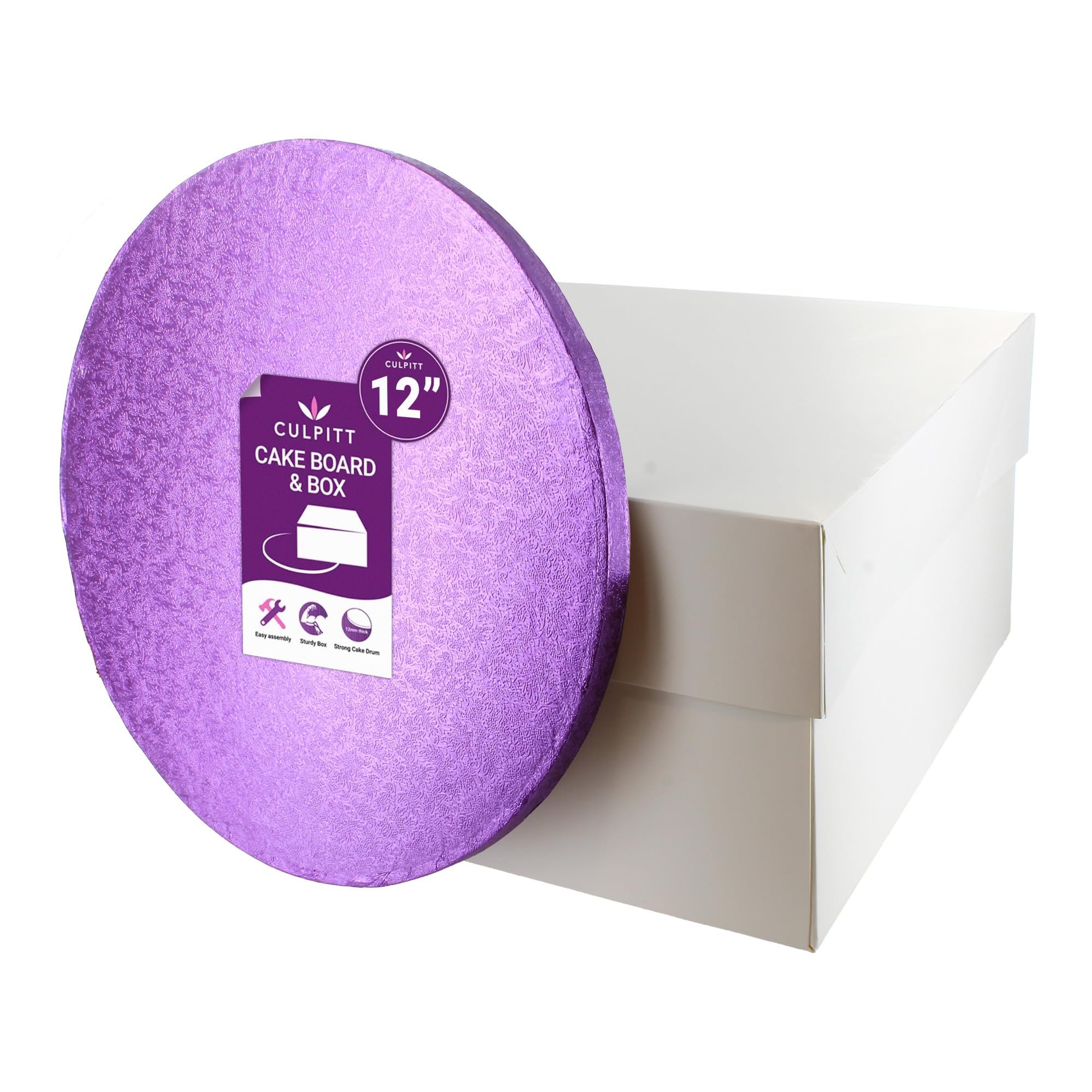 Culpitt Purple Board & Box Set | 12" (30Cm) | White Cake Box & Drum, Box And Cake Board, Storage & Transport Combo