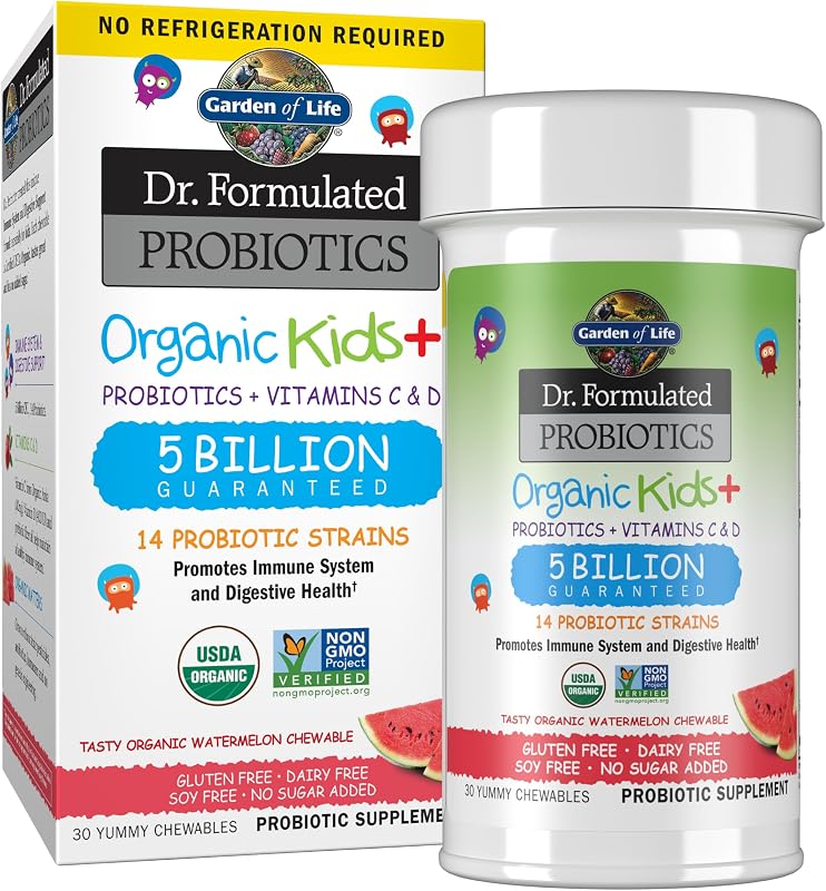 Garden of Life Dr. Probióticos formulados orgánicos para niños+ más vitamina C y D - Sandía - Suplemento de salud inmunológica y digestiva sin gluten, lácteos ni soja, sin azúcar añadido, 30 masticables (estable)