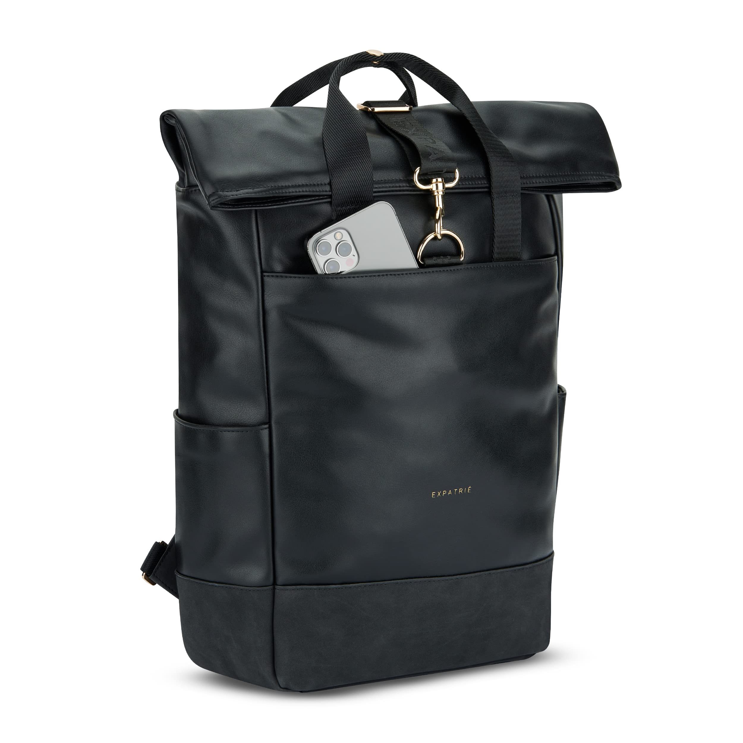Expatrié Zaino Donna Nero - Adele - Zainetto Elegante per Università, Lavoro, Bici, Viaggio - Rolltop Grande con Vano per PC Portatile - Impermeabile
