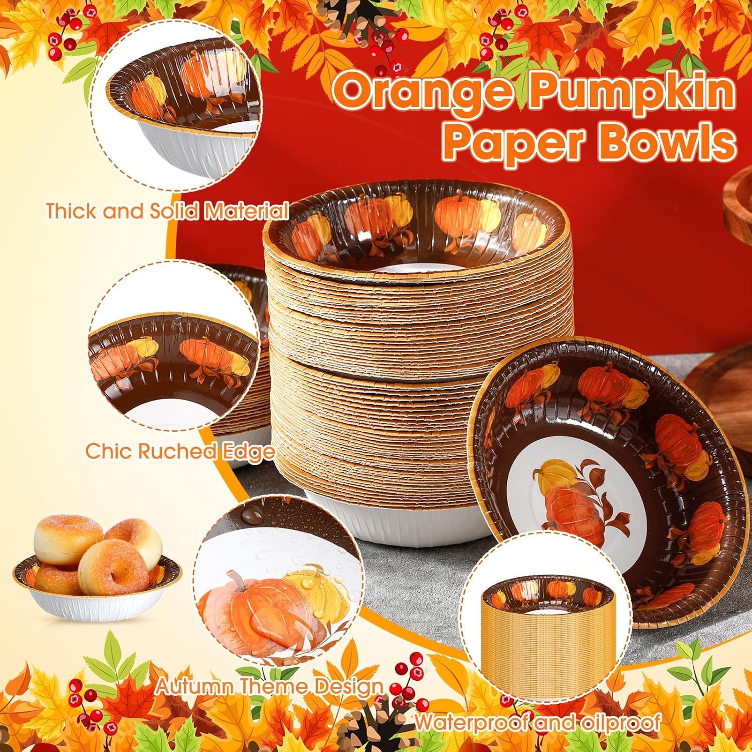 Sliner 100 Pcs 12 oz Fall Thanksgiving Paper Bowls Orange Pumpkin Pattern Hot Soup Bowls Fall Disposable Serving Salad Snack Plates Cups for Dessert Milk Cereal for Autumn Thanksgiving Holiday Party
