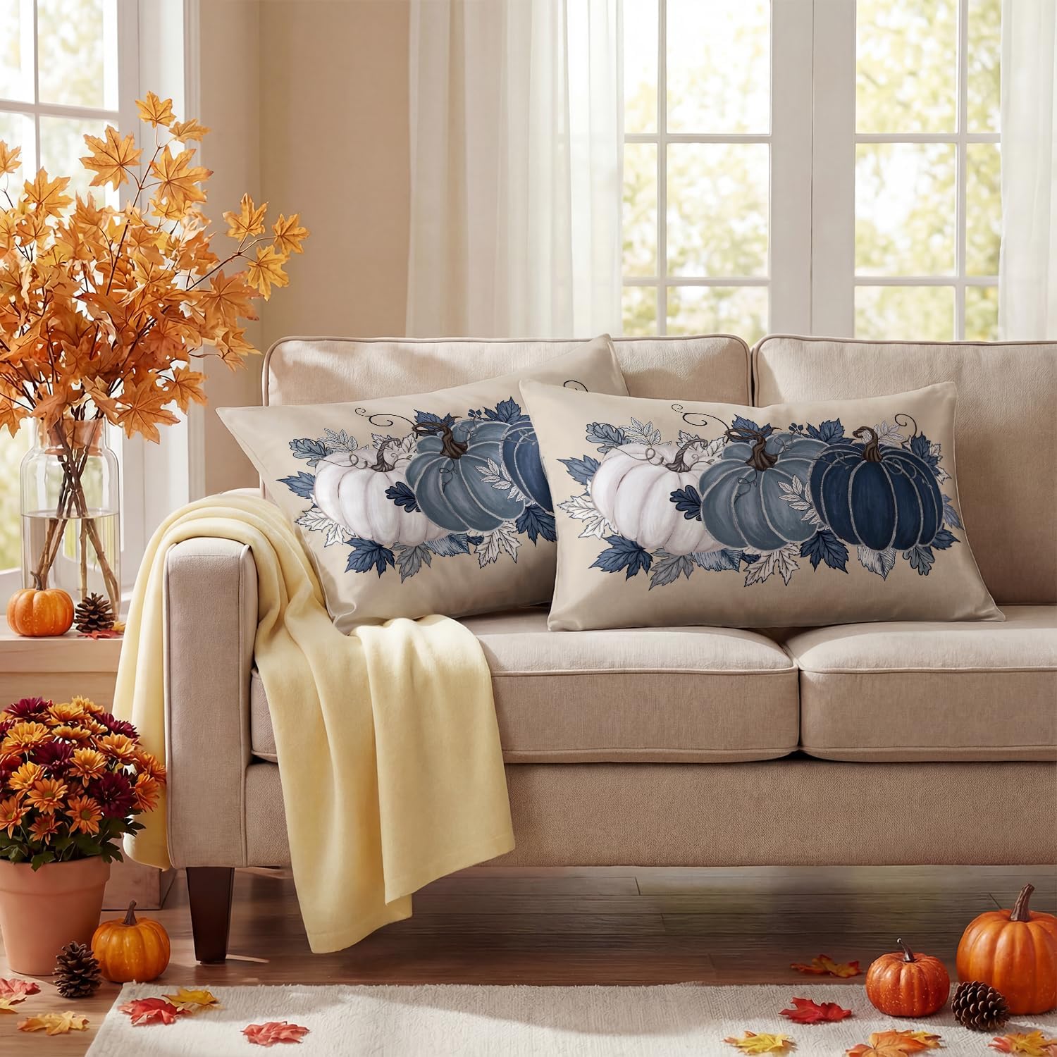 Horaldaily Fall Blue White Pumpkin Standard Size Satin Pillowcases 2PCS