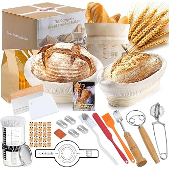 GEEKHOM Sauerteig Starter Set mit 2 G rkorb Brot - 14-Teilige Backen Zubeh r mit G rk rbchen Rund & Oval Sauerteigglas 650ml Teigschaber - Sauerteigbrot Komplettset F r Anf nger