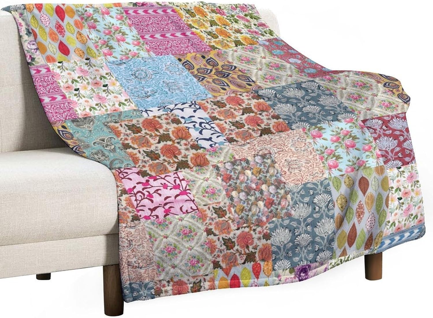 Boho Patchwork Flower Blankets, Vintage Paisley Stitching Floral Art Farmhouse Cottage Rustic Soft Warm Blankets for Couch, Sofa, Chair, Bed, Camping, Picnic, Travel 50x70in