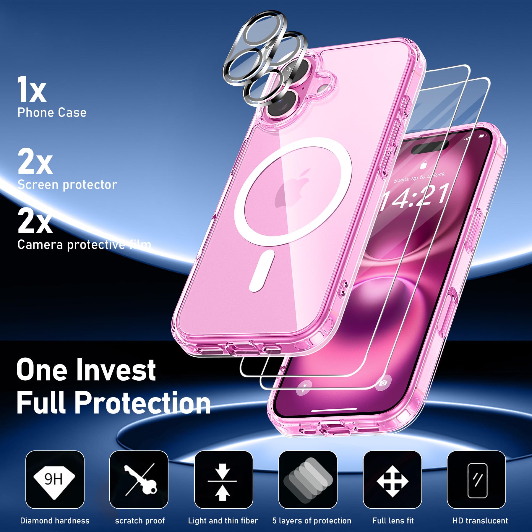 YisrLery Magnetica Cover Compatibile con iPhone 16 con 2 Vetro Temperato e 2 Vetro Fotocamera, Compatibile MagSafe Hard PC Anti-Graffio Protettiva Case Antiurto Bumper TPU Custodia 6.1" (Trasparente)