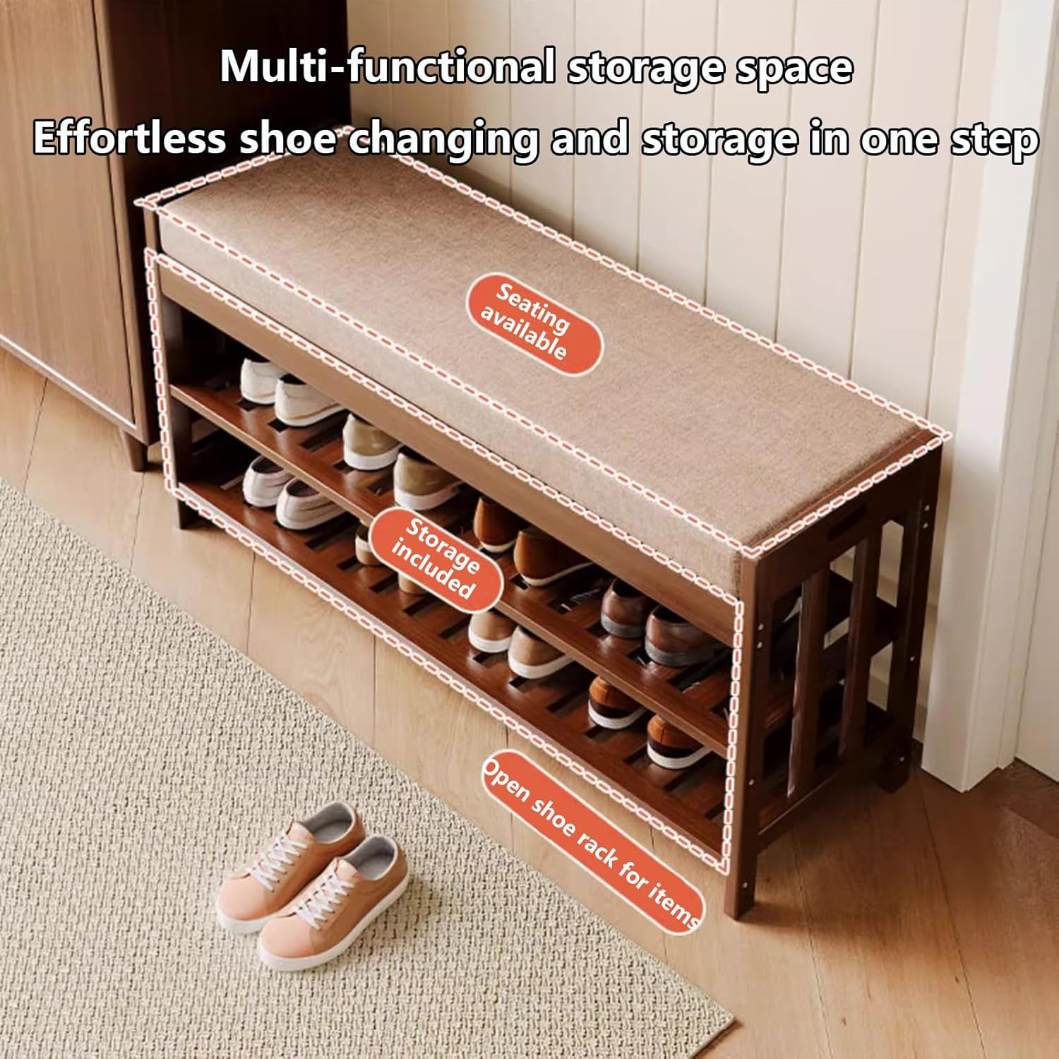 Shoe Storage Cabinet Cabinets Hallway Slim Cupboard Cupboards Hallways Slimline，Wide Bamboo Shoe Rack with Padded Foam Bench 2-Tier Storage Shelf Reinforced Cabinet Thick High-Resilience Cus