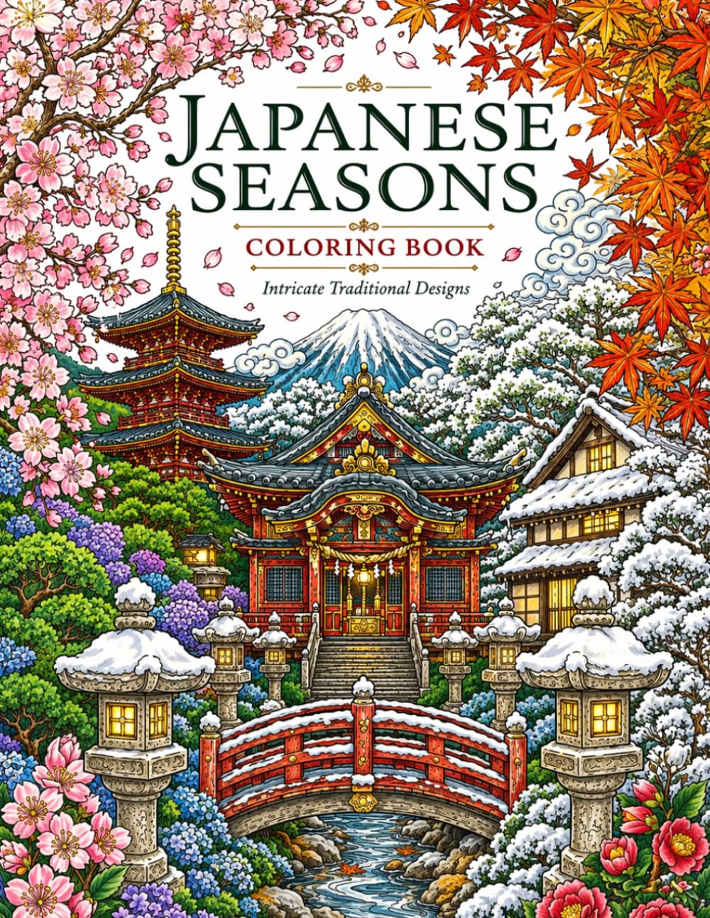 Japanese Coloring Book for Adults: Intricate Traditional Patterns of the Four Seasons: Relaxing Japanese Landscapes, Shrines, and Nature Designs