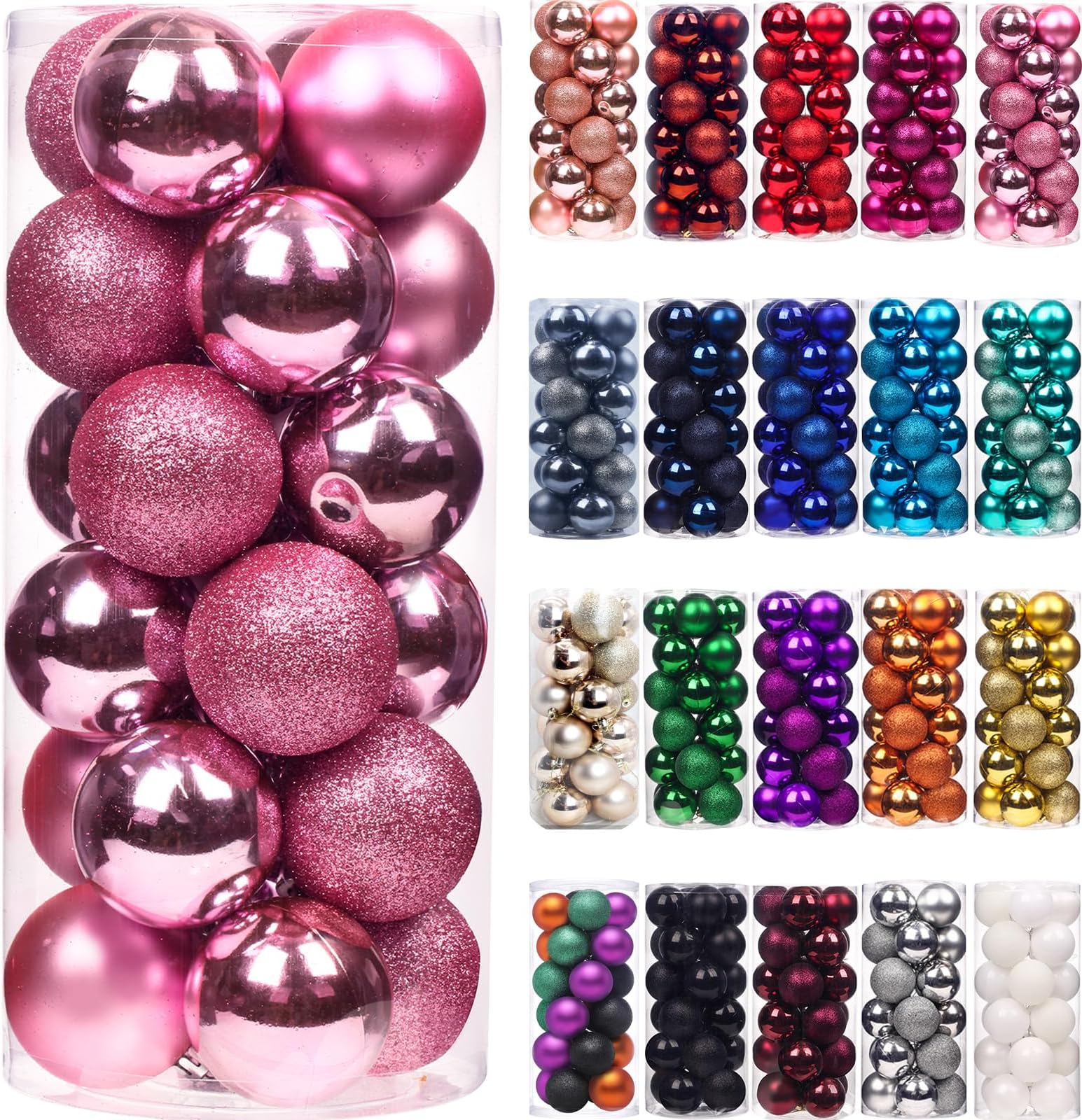 Emopeak 24Pcs Mini Christmas Balls Ornaments for Xmas Tree - 1.57 Inch Small Shatterproof Christmas Tree Decorations Hanging Ball for Holiday Wedding Party Decoration Pink