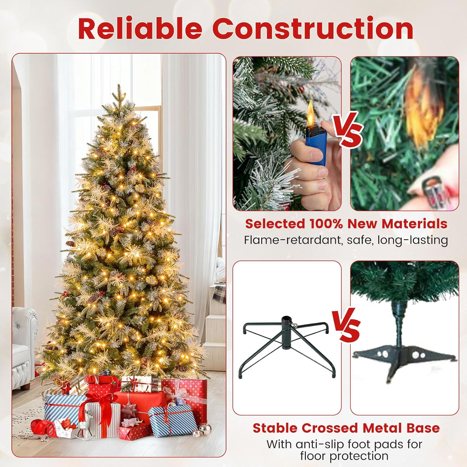 DORTALA 7 FT Pre-lit Christmas Tree, Artificial Hinged Xmas Tree with 350 Warm White LED Lights, 1072 Branch Tips, 40 Pine Cones, Foldable Metal Stand, Holiday Decor, Green
