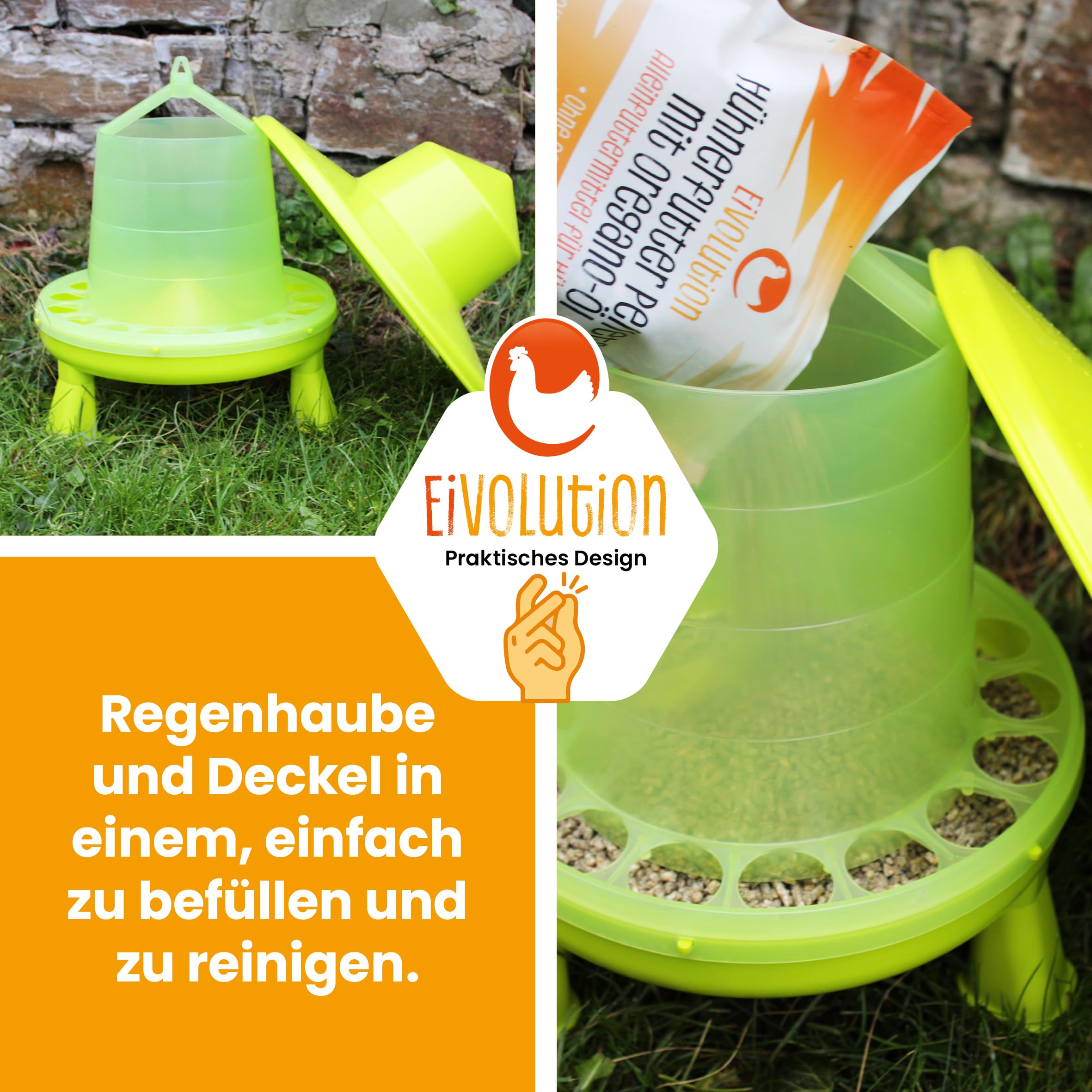 Futterautomat 4 kg - Kunststoff - mit Beinen und Regenhut, für Hühner, Geflügel - trockenes Futter