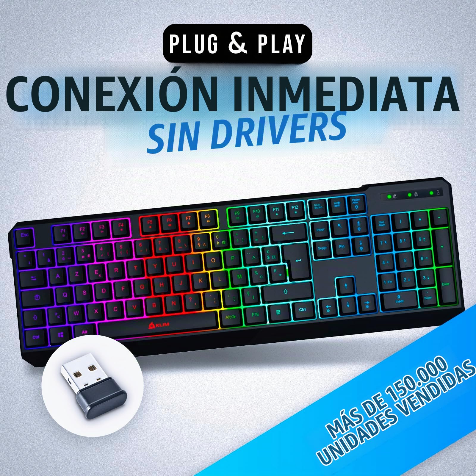 KLIM Chroma Teclado Gaming en French AZERTY Wireless – Alto Desempeño – Retroiluminación a Color Estilo Gaming – Teclado para Juegos - Nueva Versión