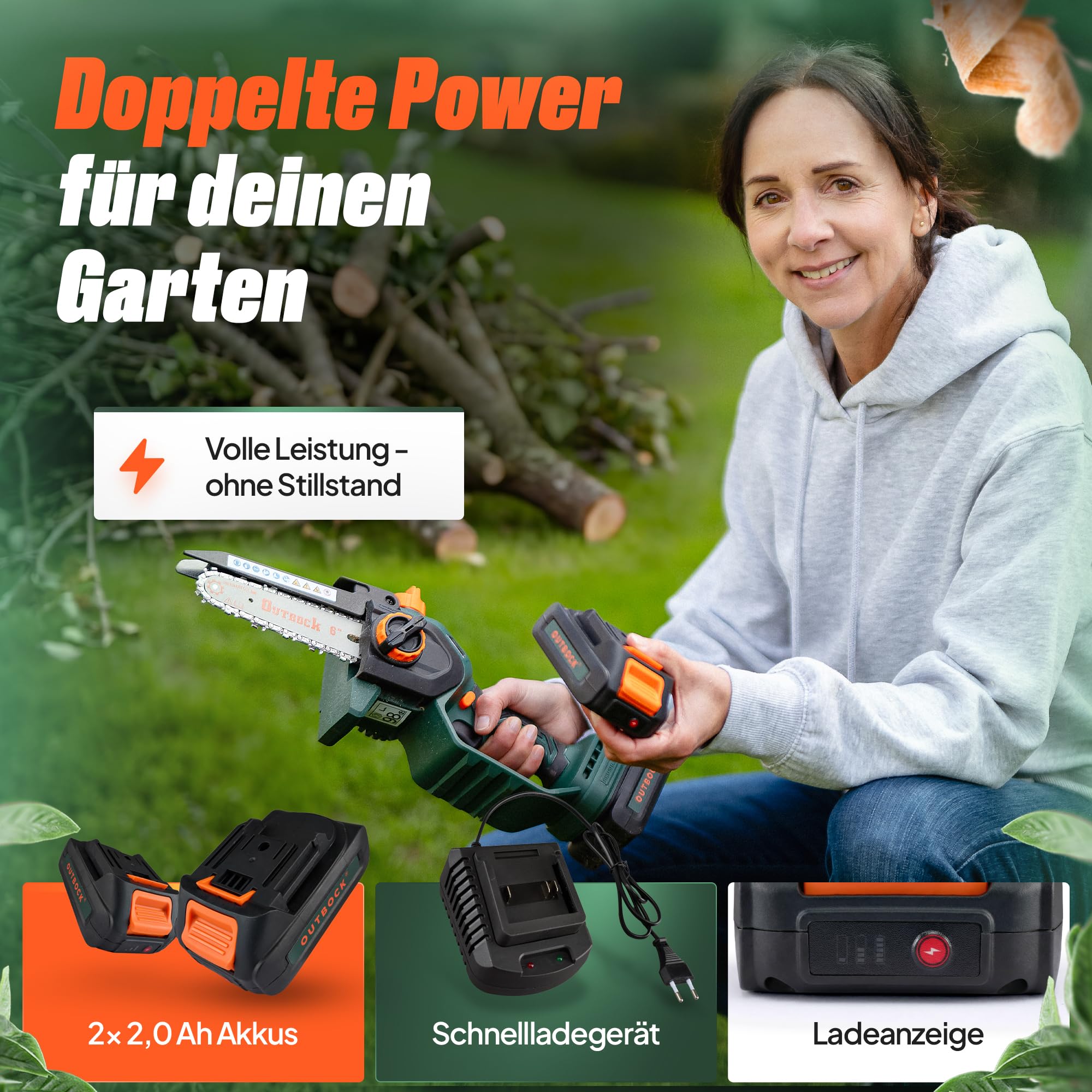 Mini Kettensäge Akku mit 2x 2.0 Ah Akkus | TÜV-Zertifizierte Einhand Kettensäge | Handkettensäge inkl. Schnelllader & Koffer | Automatische Kettenschmierung | Akku Astsäge für Gartenarbeit