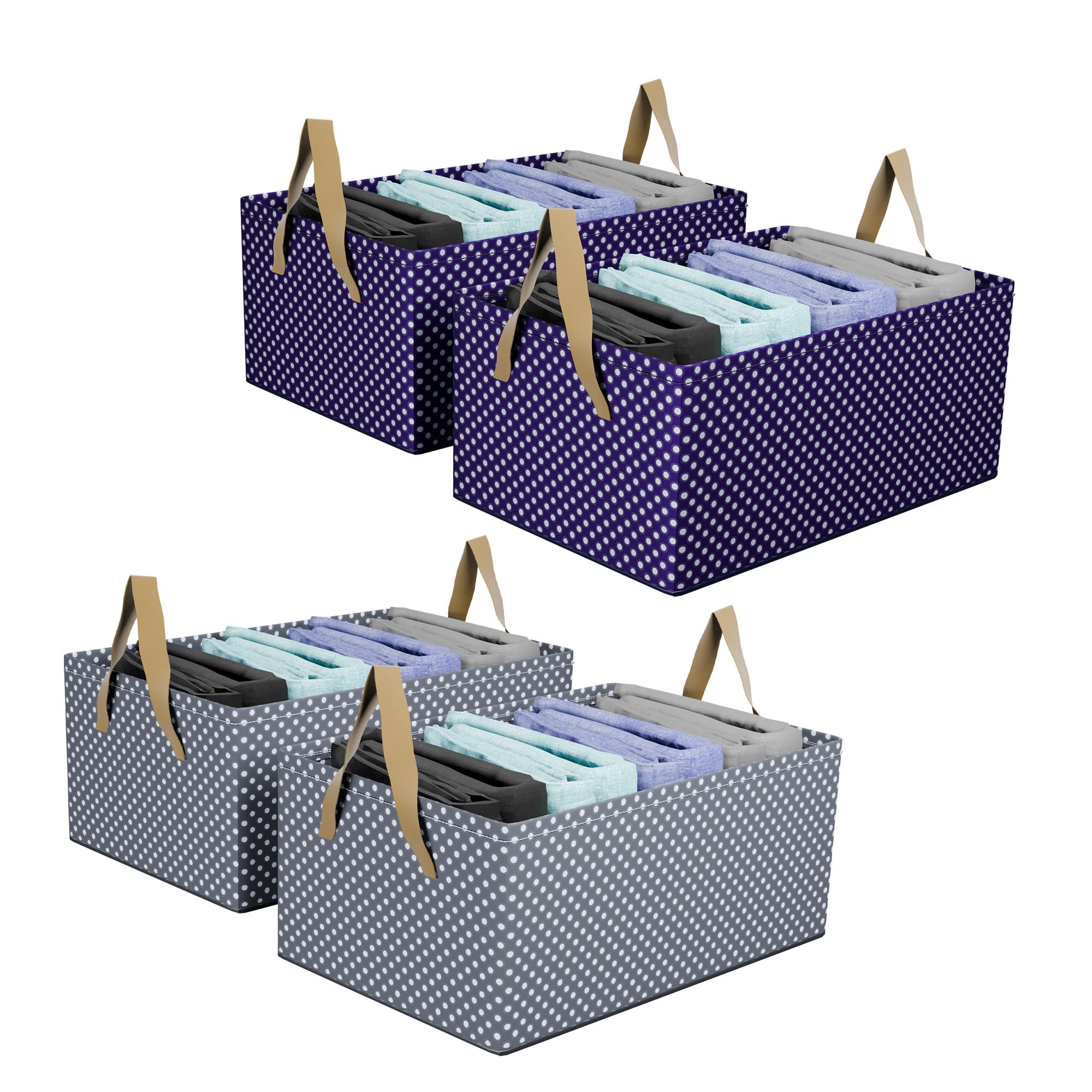 Kuber Industries 4 Stück Kleiderschrank Organizer | Fallschirm-Aufbewahrungsbox Kleidung | Schubladen-Organizer mit Griffen | Faltbarer Metallrahmen Aufbewahrungskörbe für Kleidung | Punktdruck | Blau